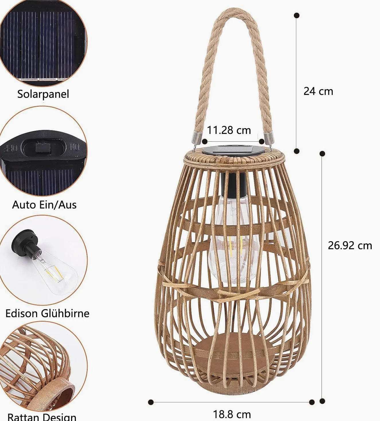 Lampade solari per esterni, da appendere, in rattan, impermeabile