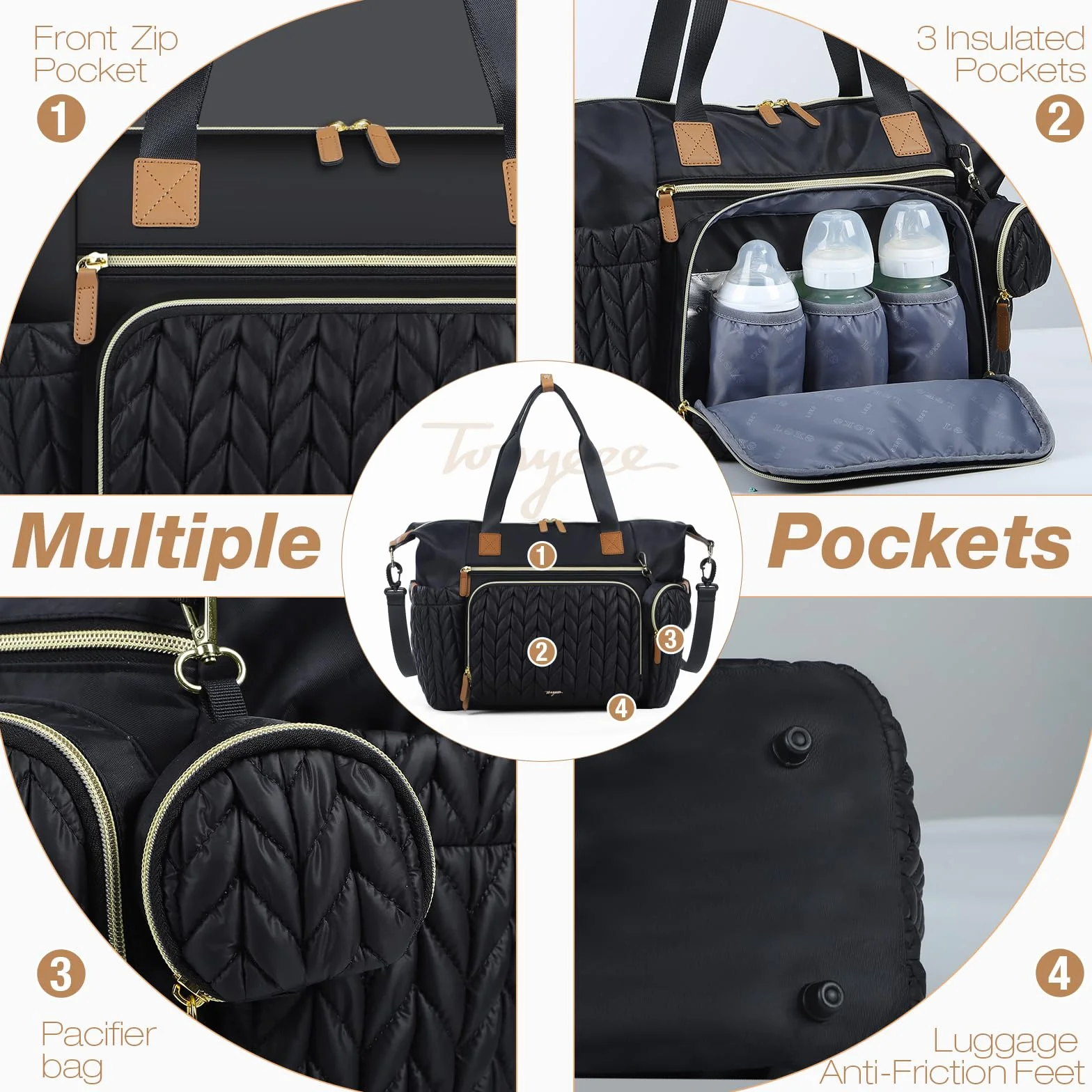 Borsa Fasciatoio a Tracolla Multifunzione per Pannolini da Viaggio con Tasche Isolate, Nero