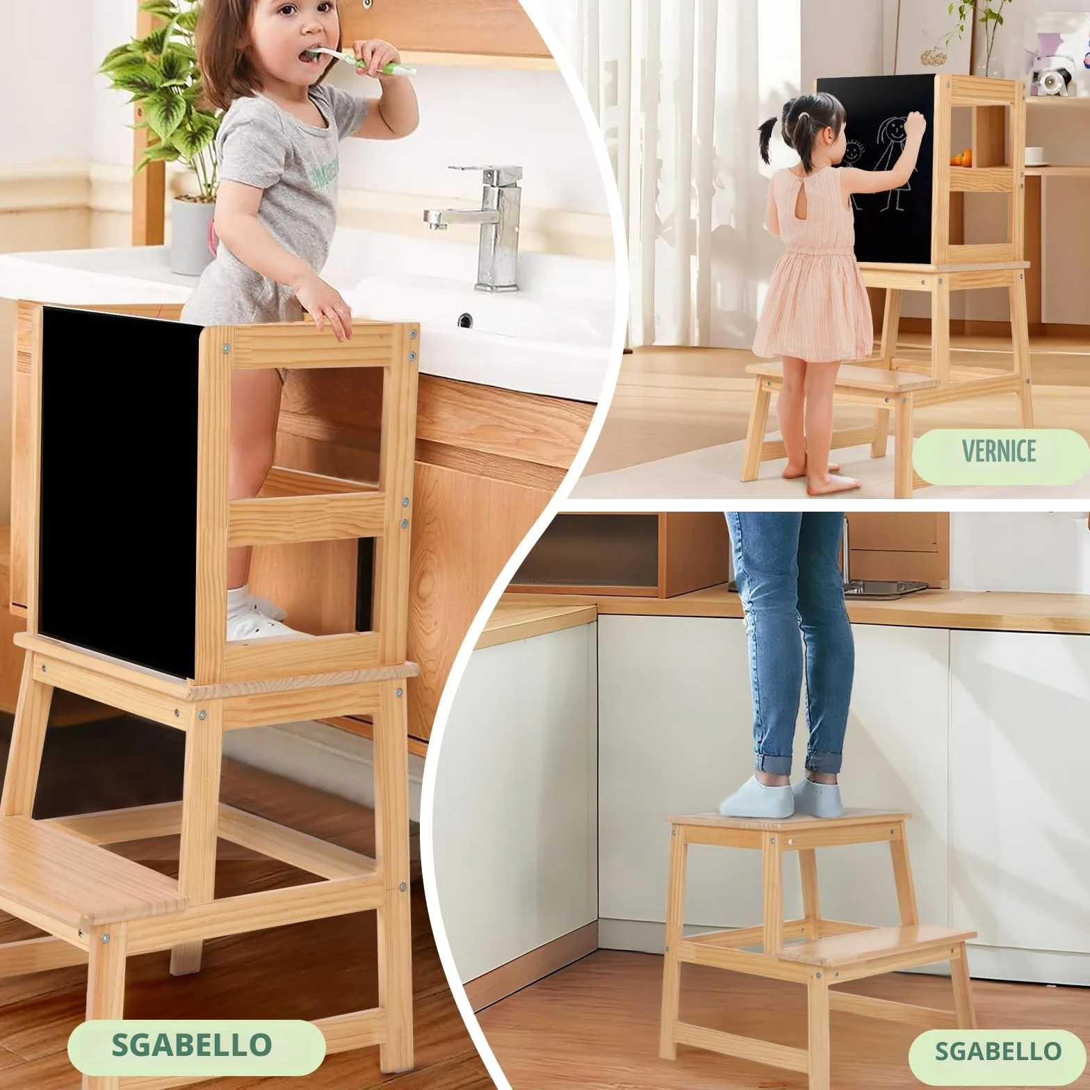 Torre Montessoriana per Bambini con Lavagna e Sbarra di Sicurezza, Sgabello Estraibile per Adulti, Naturale