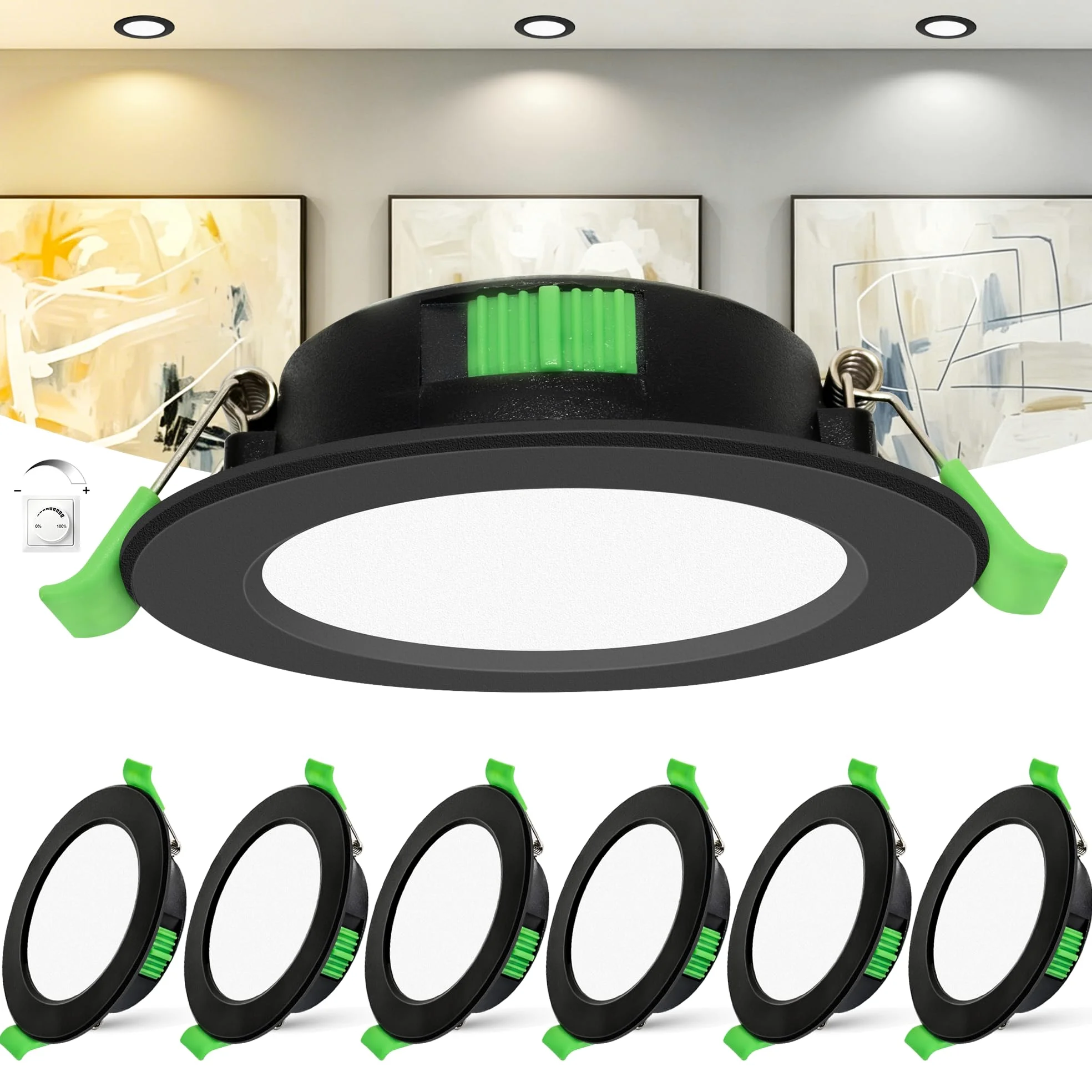 Confezione da 6 Faretti LED da Incasso Extra Slim 25 mm, 6W Dimmerabili 0-100% con Dimmer Esterno, 2700K/4000K/6000K Regolabili, IP44 per Bagno, CRI 90, Foro Ø55-68 mm, 230V, Nero