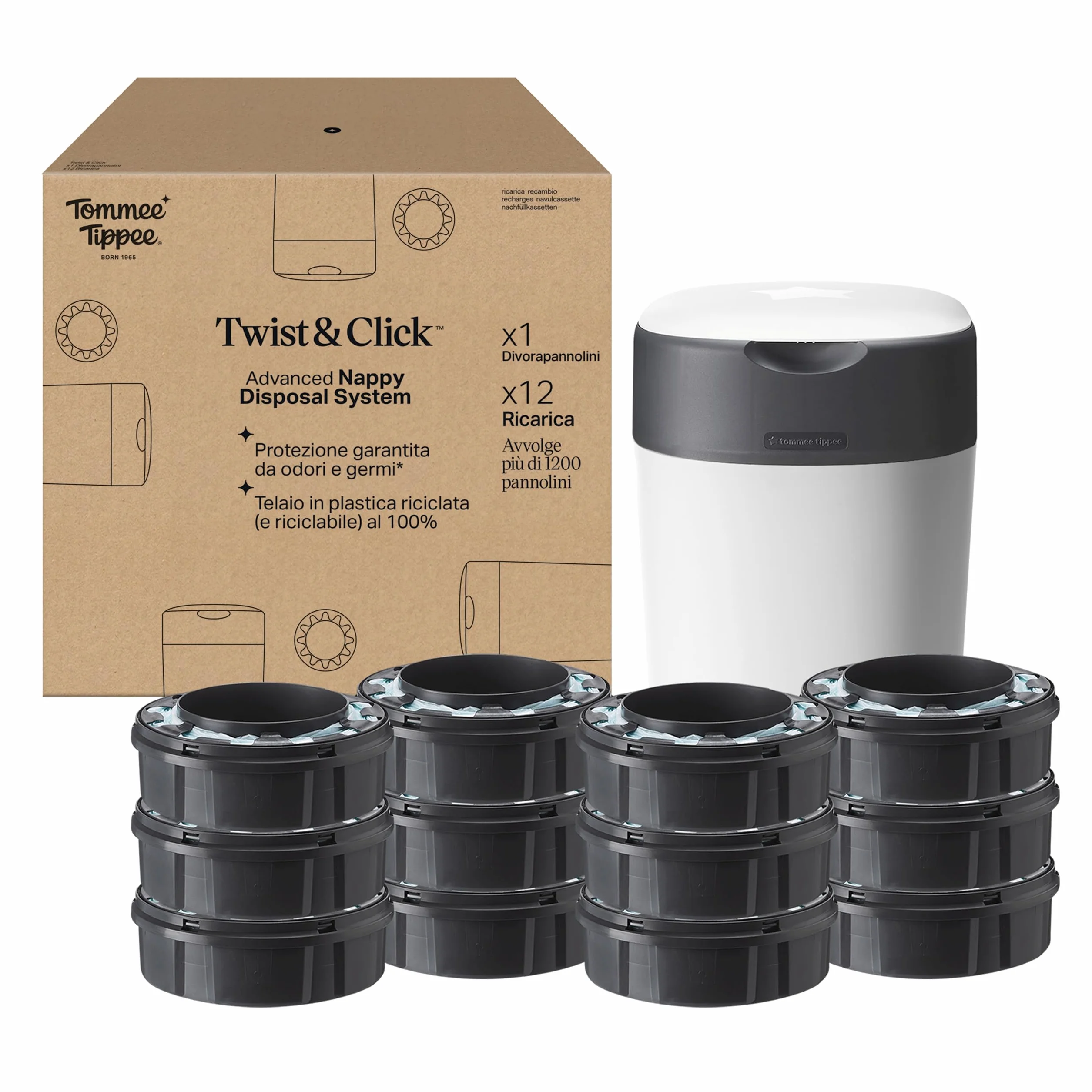 Tommee Tippee Starter Set Twist & Click Mangiapannolini con 12 Ricariche Pellicola Antibatterica Multistrato, Bianco