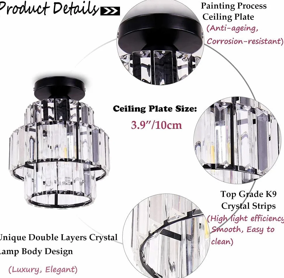 Mini Lampadario Moderno Cristallo Lampadario Incasso Soffitto Doppio Strato Cristallo Lampadario Illuminazione Lampada per Camera da letto Cucina Bar Bagno Corridoio (nero)