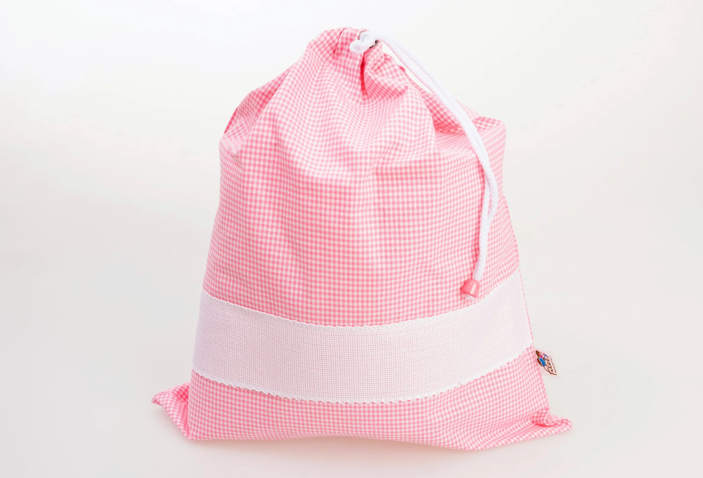 Sacchetto Asilo Quadretti Vichy Rosa 42x34 cm Tela Aida Personalizzabile Fatto in Italia
