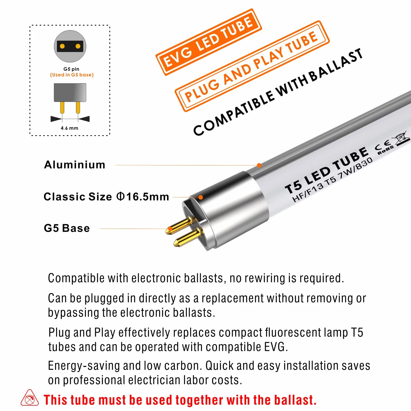 IHYCTV Tubo T5 LED 517mm, Tubo fluorescente T5 13W equivalente, 910lm, 3000K luce bianca calda, Nessun rewiring richiesto, G5 Cap, 140 gradi, Confezione 1