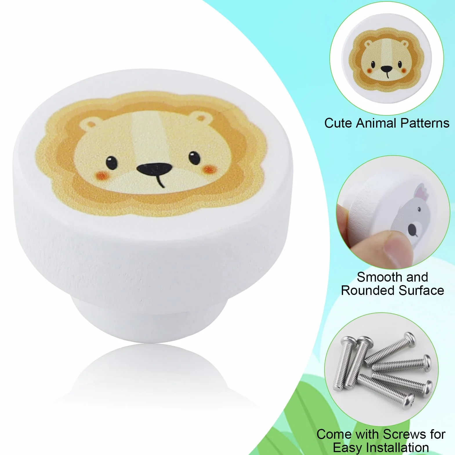 Pomelli per Mobili Bambini in Legno 6 Pezzi, Maniglie Cassetti Decorativi con Motivi Animali