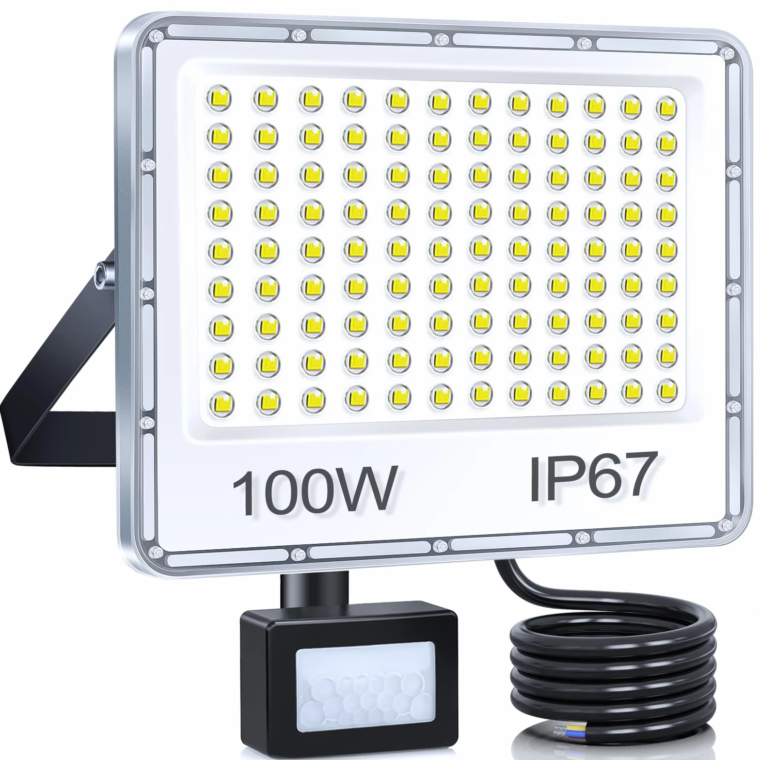 YIQIBRO Faro LED Esterno con Sensore Movimento 100W, Faretto con Sensore di Movimento 10000LM 6500K Bianca Fredda, Impermeabile IP67 Luci da Esterno per Giardino, Terrazza, Garage, Entrata