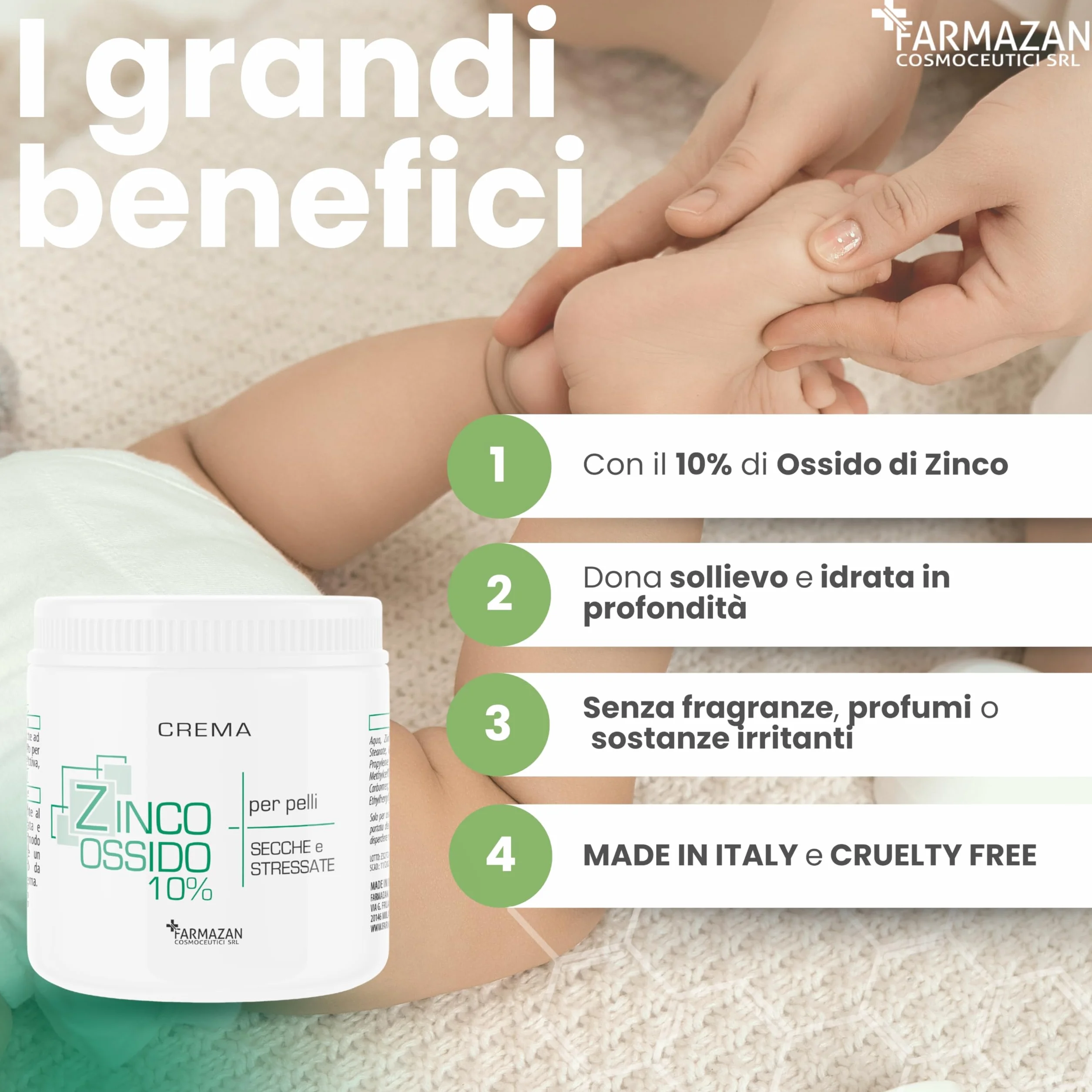 Crema Ossido di Zinco 10% 500ml Protettiva Lenitiva Idratante Senza Profumo Olio di Mandorla e Ricino Cambio Pannolino Pelli Delicate Made in Italy