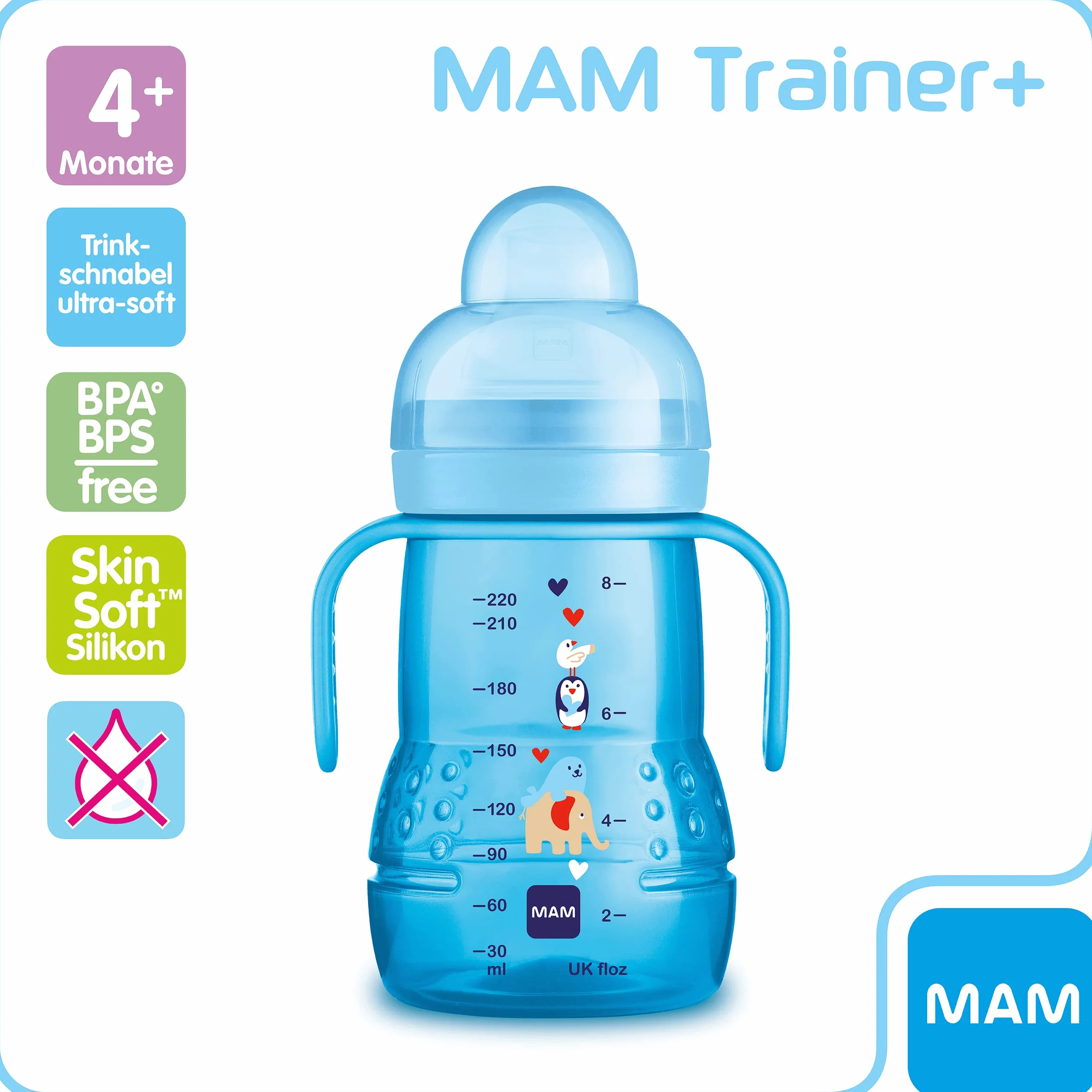 MAM Trainer+ 220 ml borraccia passaggio tazza con tettarella becco maniglia 4 mesi elefante