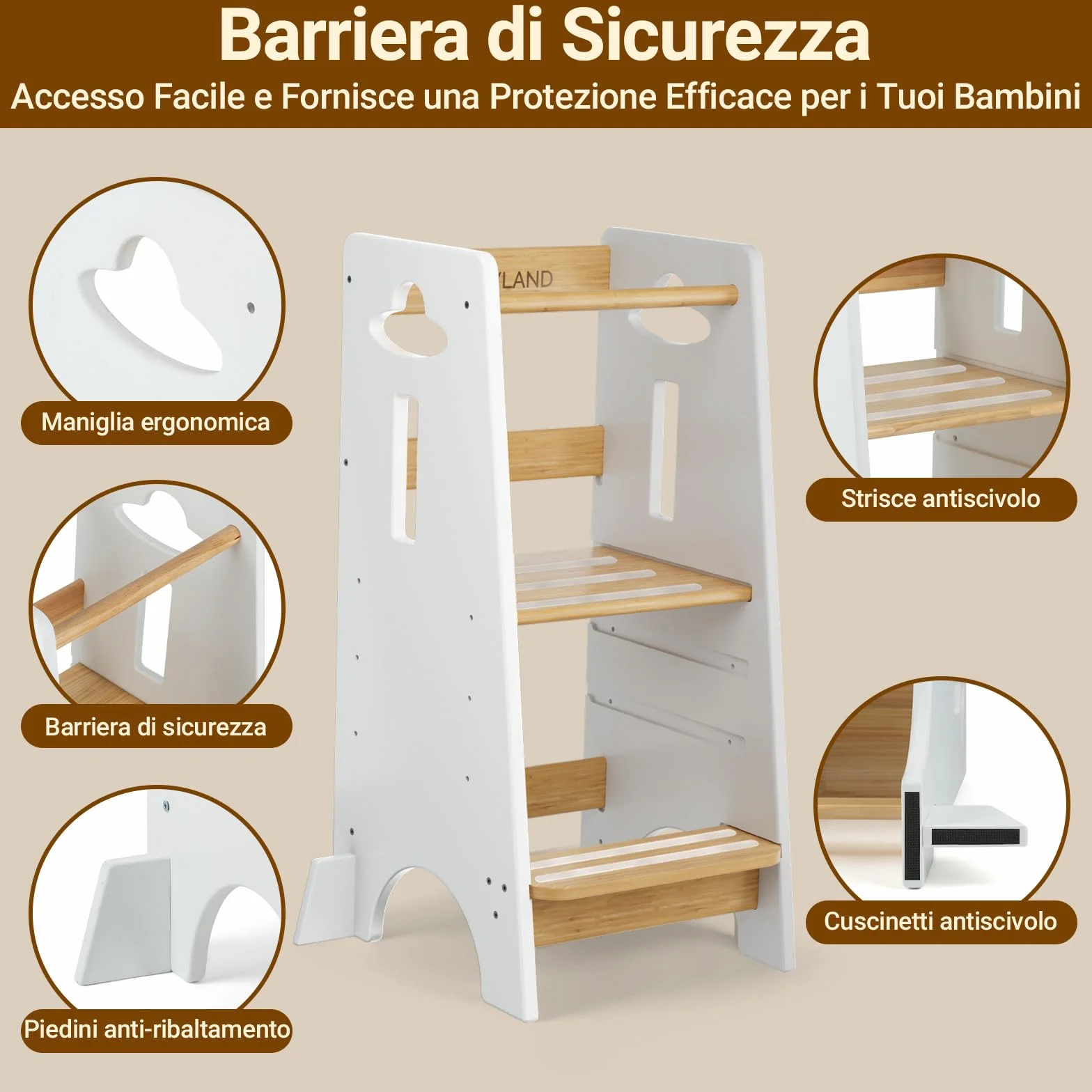COSYLAND Torre Montessoriana Bambini 1 Anno – Torretta Montessoriana Legno Spesso Regolabile 3 Altezze Bianco Classico Naturale