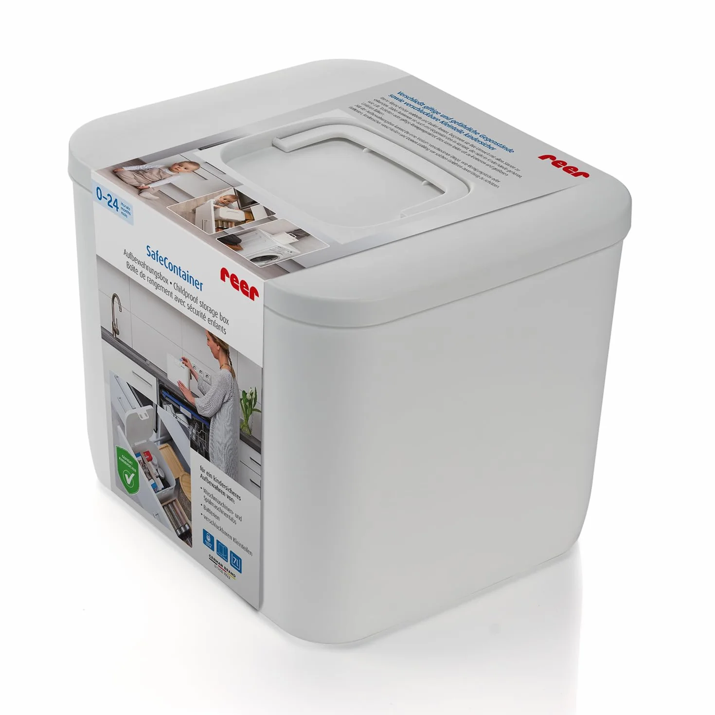 Reer SafeContainer Scatola portaoggetti protezione piccole parti pericolose chiusura sicura bambini antiscivolo