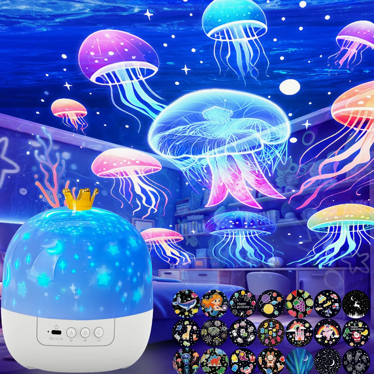 21 set di proiettori di luce notturna oceanica, proiettore per bambini per camera da letto, proiettore a stelle per soffitto, rotazione a 360 gradi, luce notturna per bambini, per decorare