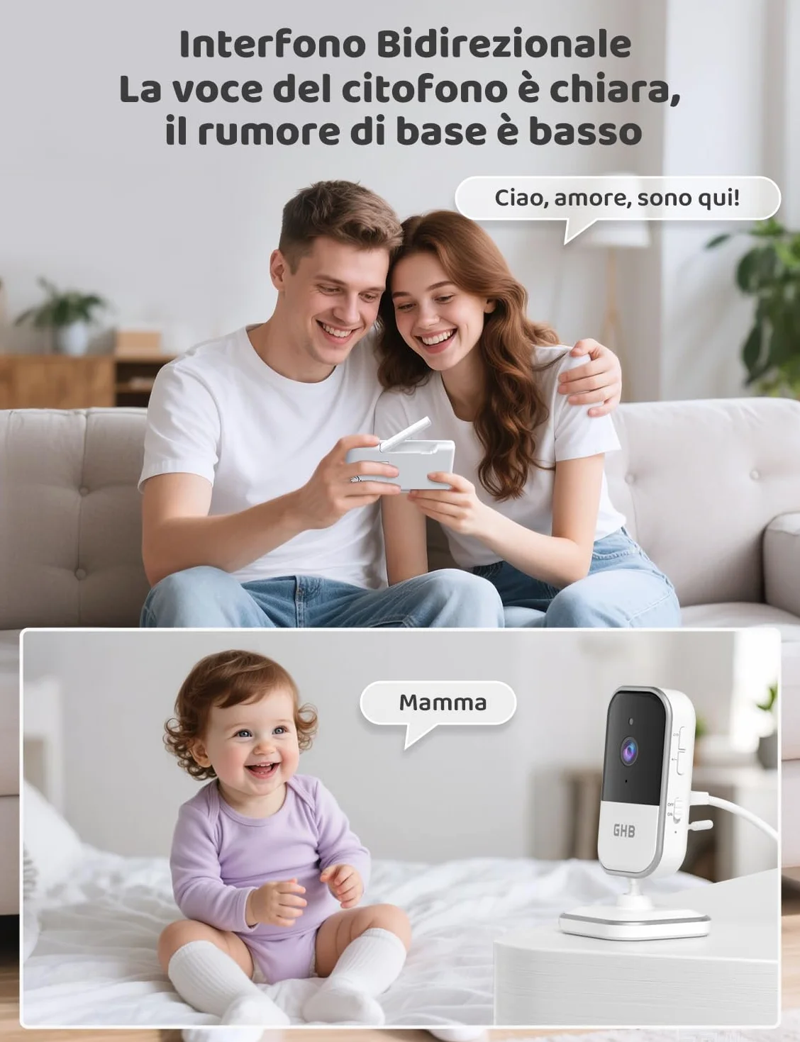 GHB Baby Monitor 5" 720P HD 5000mAh IPS Schermo Telecamera Bambini Visione Notturna Rilevamento Temperatura Ninne Nanne