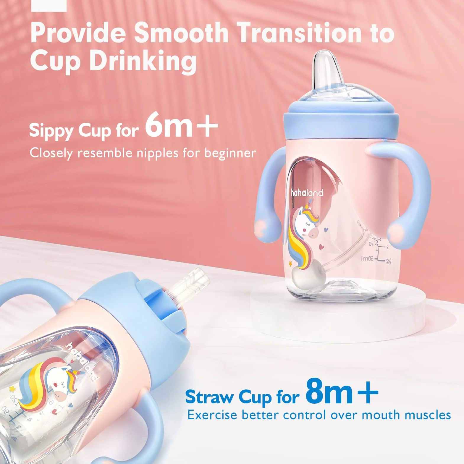 hahaland 2 in 1 Bicchiere Antigoccia Bambini Tazza con Cannuccia e Beccuccio 240ml, Antiperdita Silicone Training Cup Biberon 6-12 mesi - Dinosauro