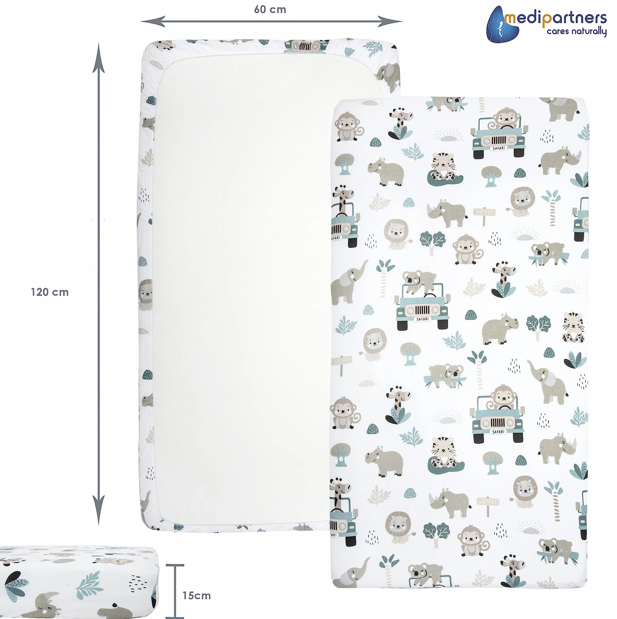 Medi Partners Lenzuola Lettino Set 3 Neonato 60x120 100% Cotone Lenzuolo con Angoli Culla Coprimaterasso Fitted Sheet Bambino Zoo Di Menta-Bianco-Grigio