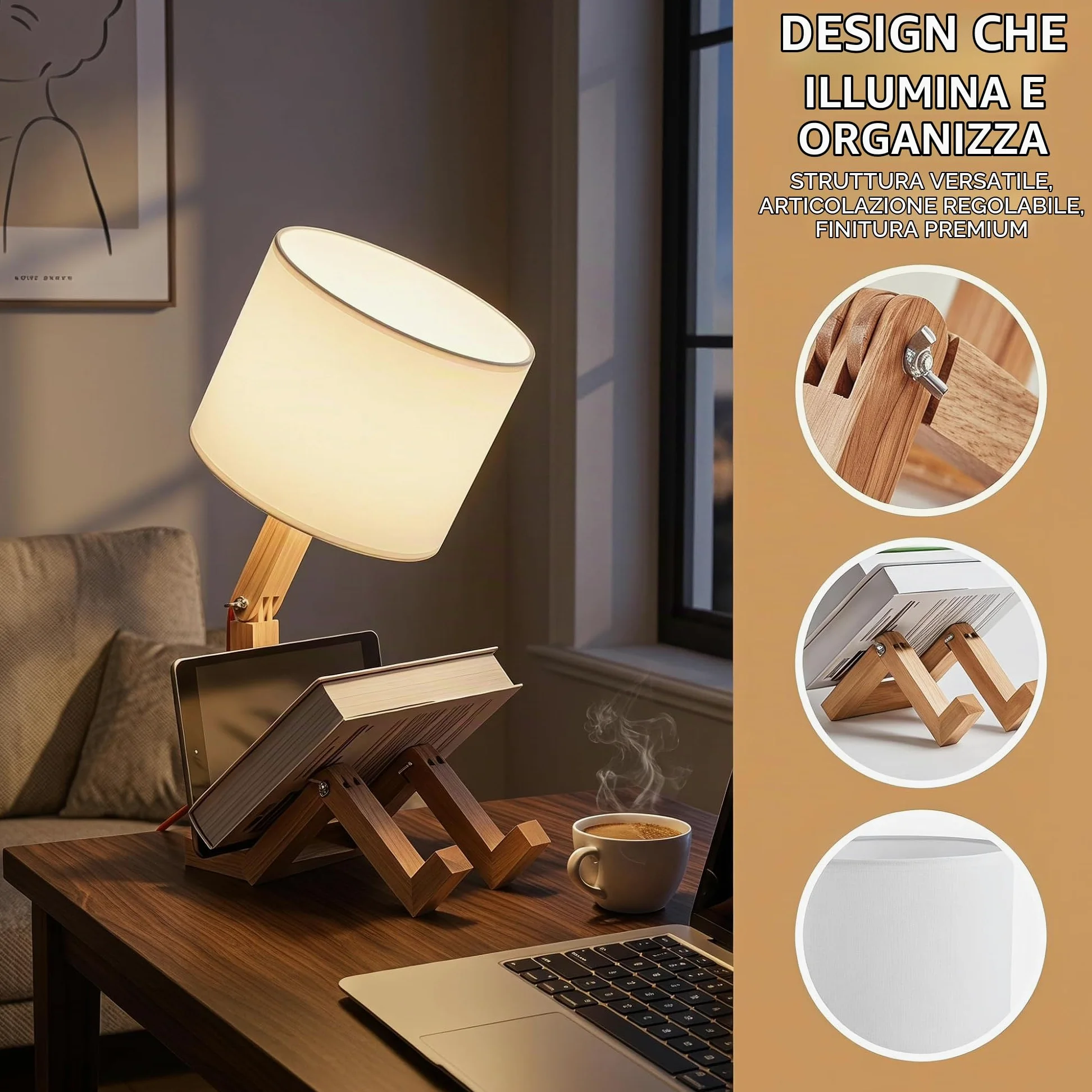 BARCELONA LED Lampada da Tavolo in Legno Articolata YOKI, Lampada Scandinava Design Omino con Paralume Bianco, Lampada da Scrivania E27 per Camera da Letto, Salotto e Ufficio