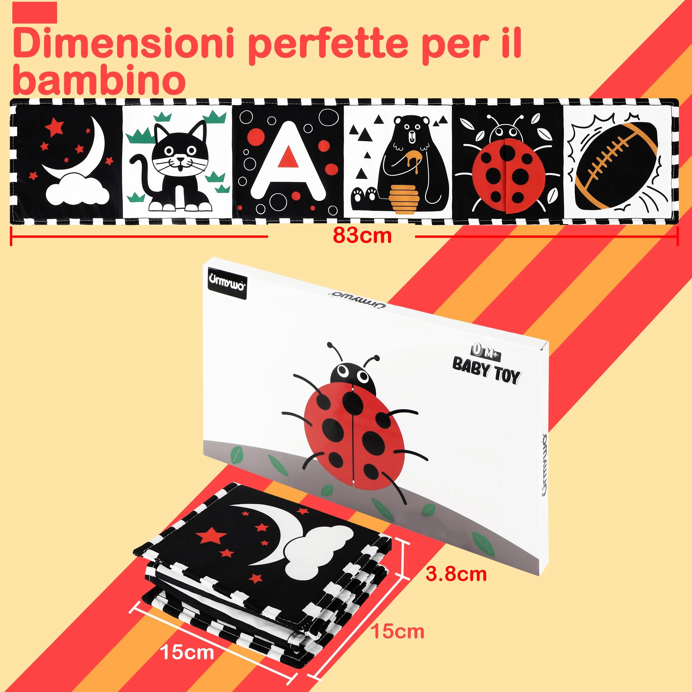 Libri Sensoriali Neonato con Specchio, Libro di Stoffa per Neonati,Giochi 0 3 6 12 Mesi,Tummy Time, Bianco e Nero 11 Motivi,Pieghevole Lavabile