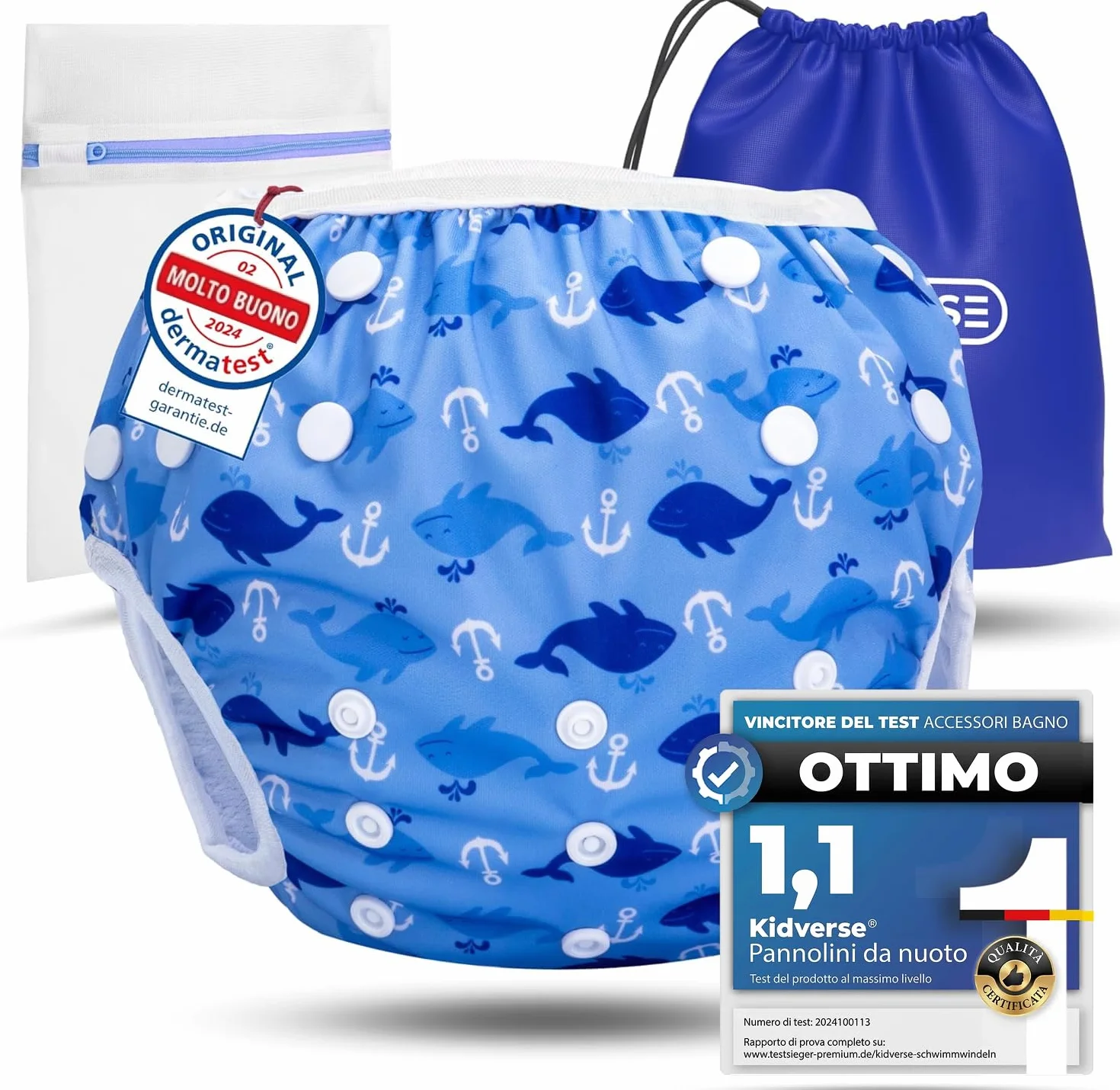 KIDVERSE Pannolini Acquatici Baby Costume da Bagno 0-3 Anni – Pannolino Piscina Neonato Regolabile con Borsa e Rete