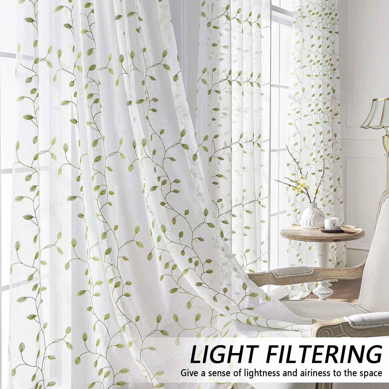 LONGCAO Tende Trasparenti 80 x 200 cm Set 2 Pannelli in Voile Morbido 100% Poliestere Traslucido Verde