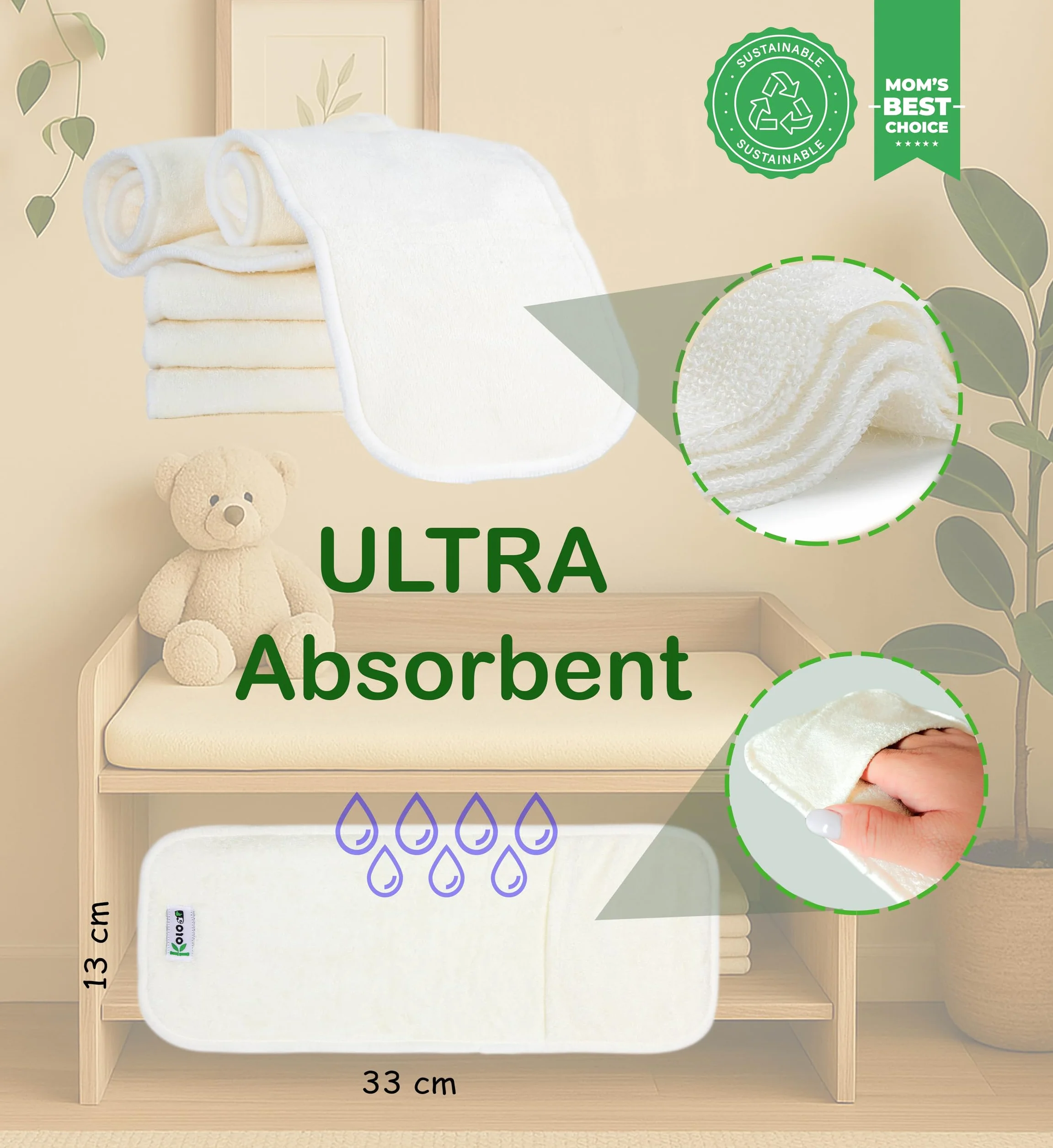Set di 5 inserti assorbenti 4 strati Bambù 100% lavabili riutilizzabili per pannolini Confezione Regalo