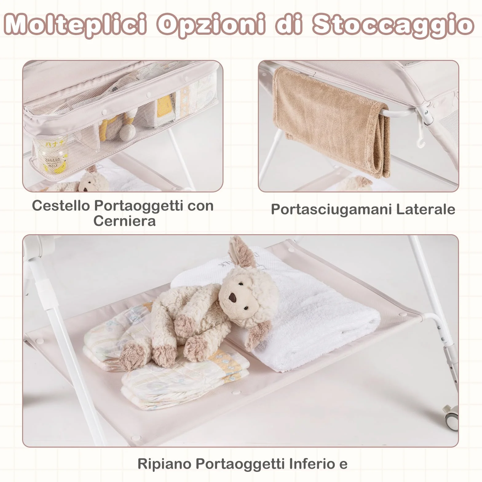 COSTWAY Fasciatoio Pieghevole per Bambini, Altezza Regolabile 3 Livelli, Ruote Bloccabili, Beige