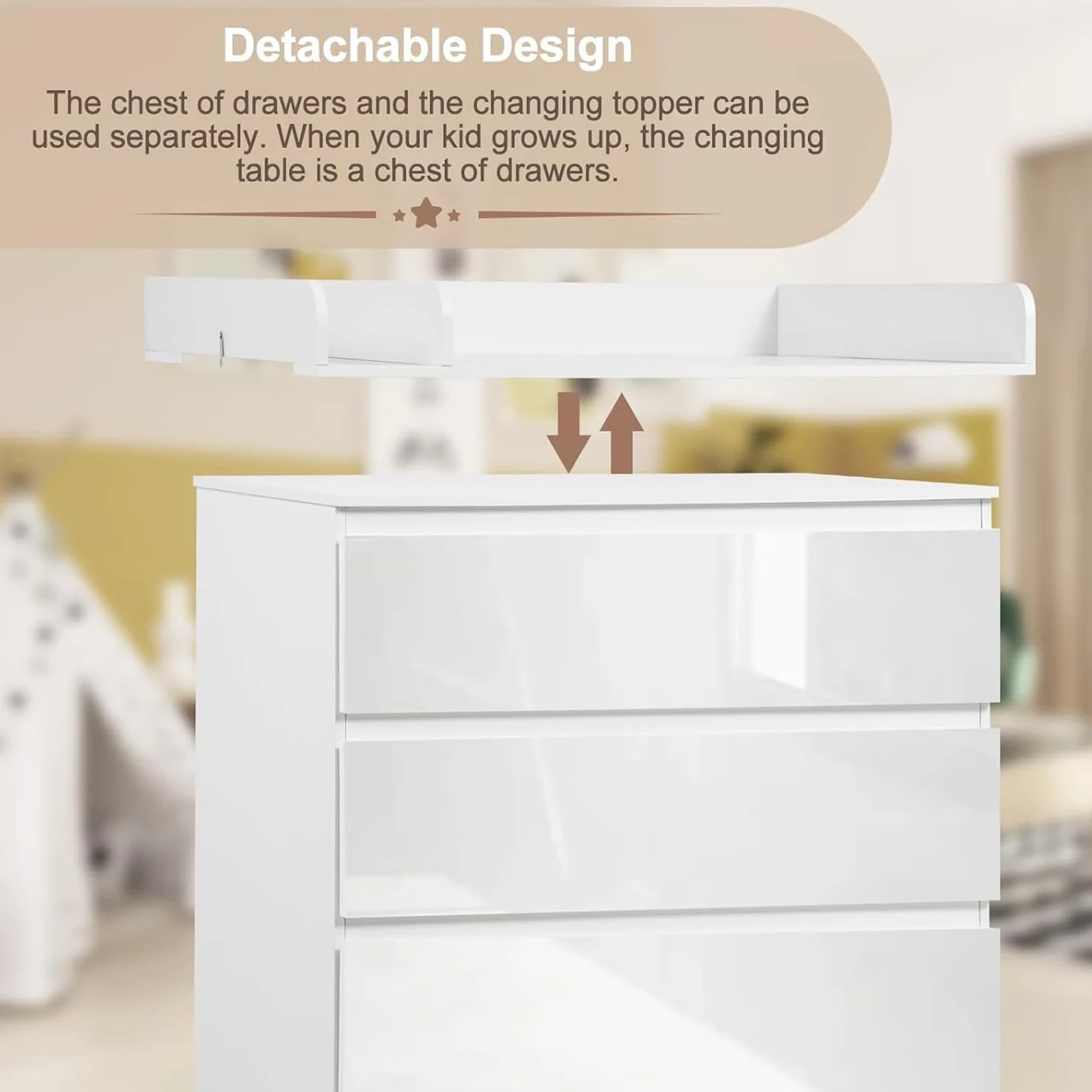 WOLTU Cassettiera con Fasciatoio per Bambini, 3 Cassetti, MDF, Truciolare e Metallo, Bianco + Bianco Lucido