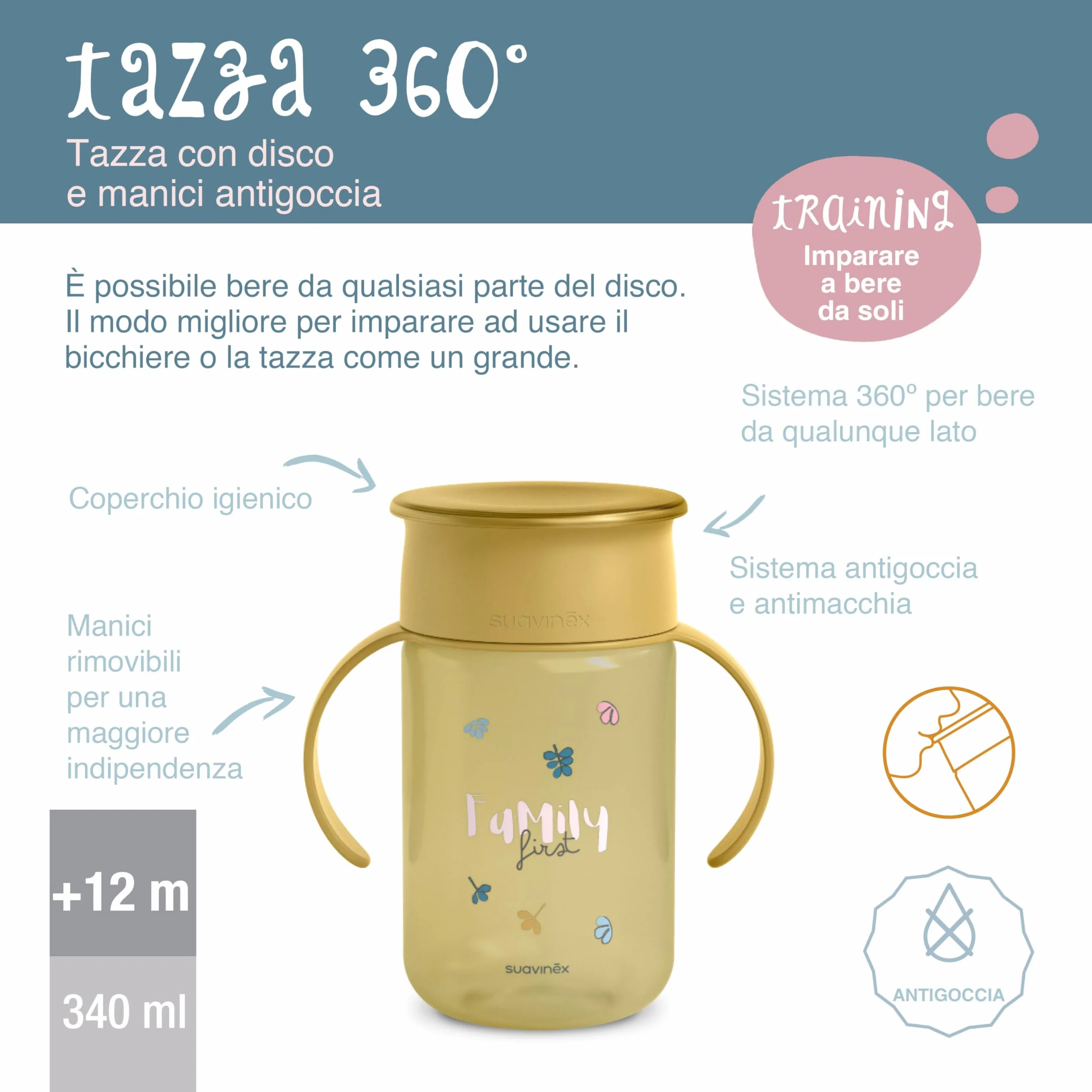 Suavinex Tazza didattica per bambini 340 ml antigoccia 360 My Family Rosa