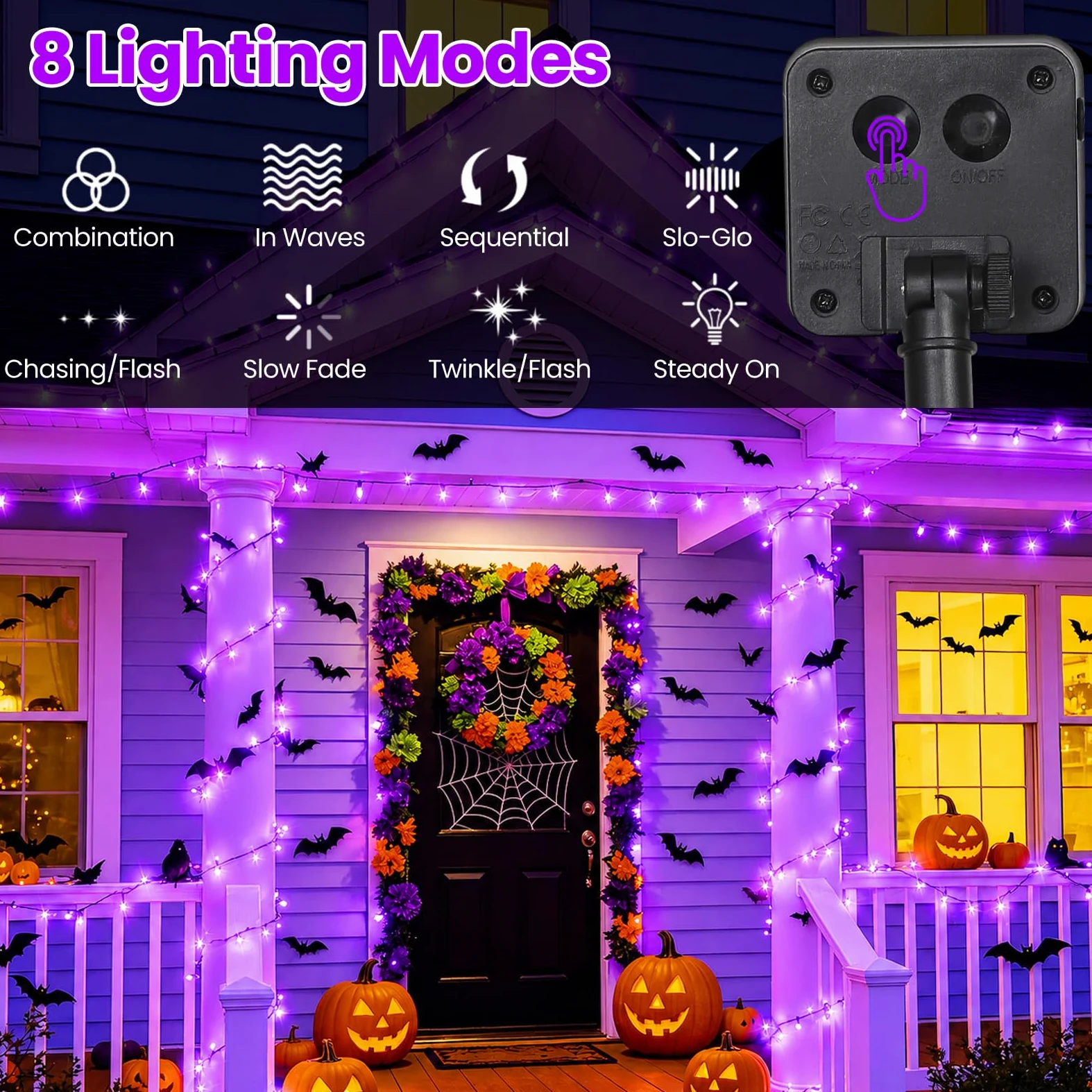 Luci di Halloween viola per esterni, impermeabili, per decorazioni di Halloween, totale 100 LED 100 m, per giardino, cortile, vialetto, recinzione, 8 modalità, 50 LED x 2 confezioni