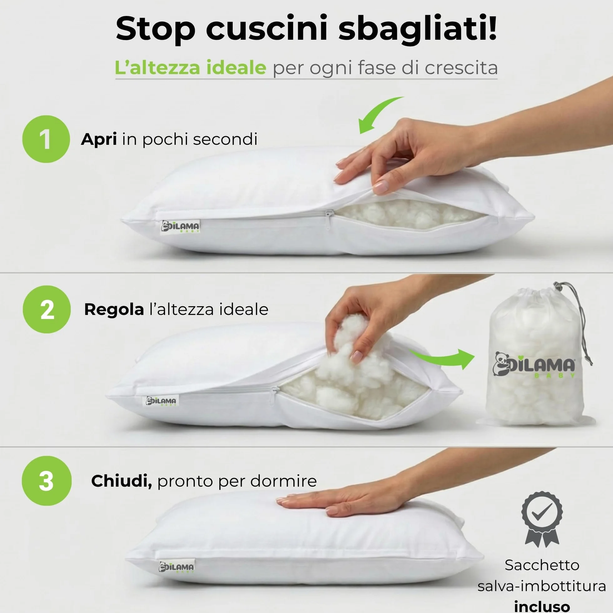 Dilamababy Cuscino Lettino Bambino 40x60 Regolabile in Altezza Anallergico Antiacaro Lavabile Federa Cotone Percalle Oeko Tex