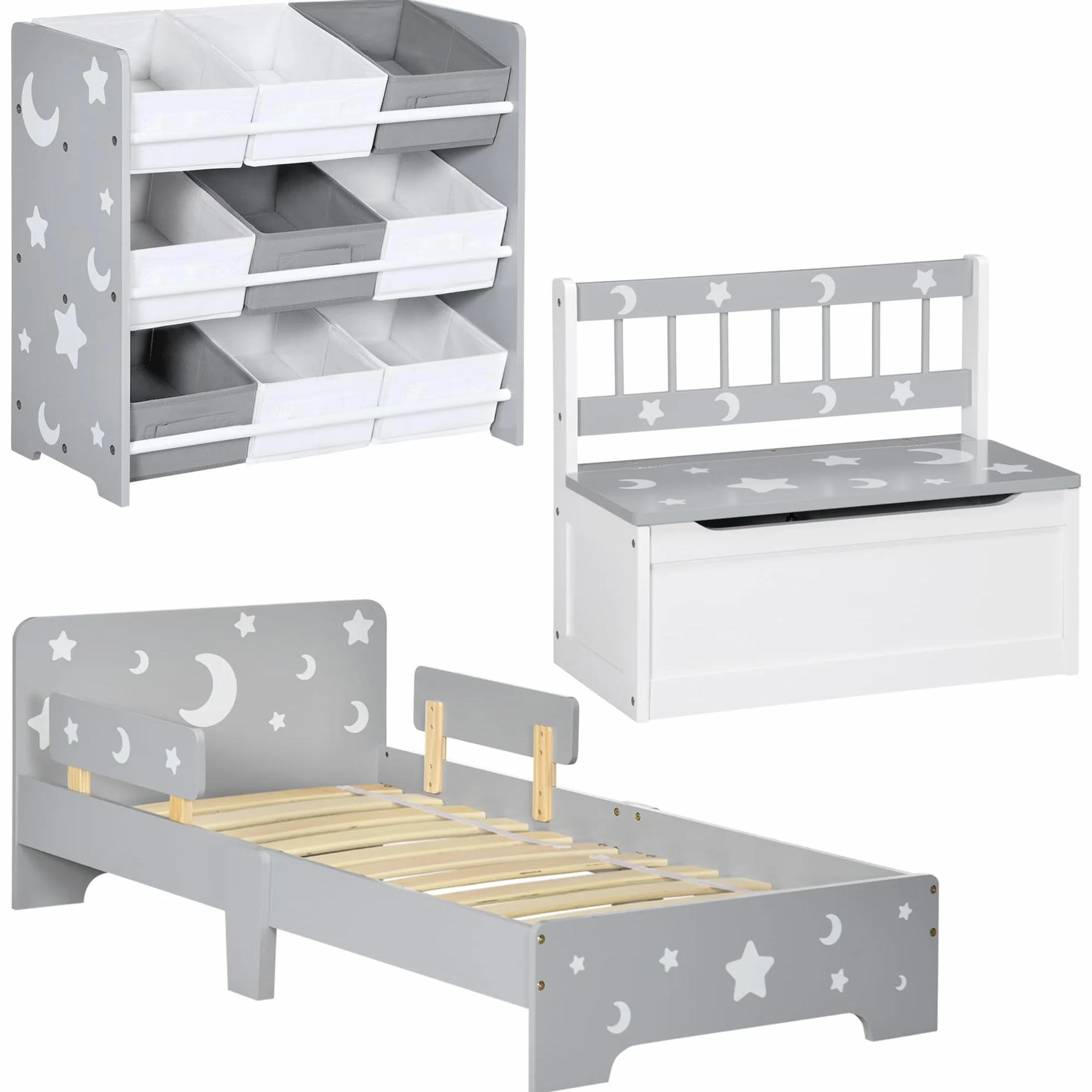 ZONEKIZ Set per Bambini 3-6 Anni con Lettino 143x76x49 cm, Mobile Portagiochi 63x30x60 cm e Cassapanca 60x30x50 cm, Grigio