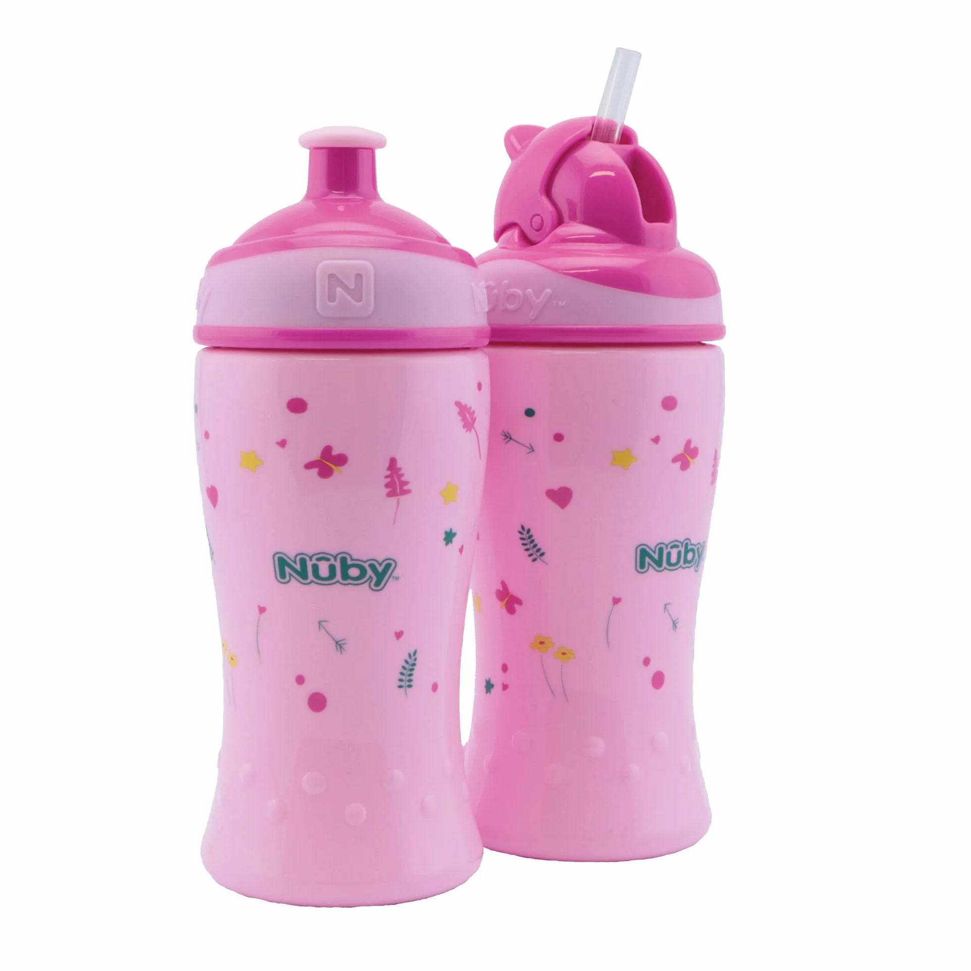 Nuby 2 Pack Bottiglie Bere Antiproiettile Cannuccia Flip-It 360ml BPA-Free Rosa 12+ Mesi
