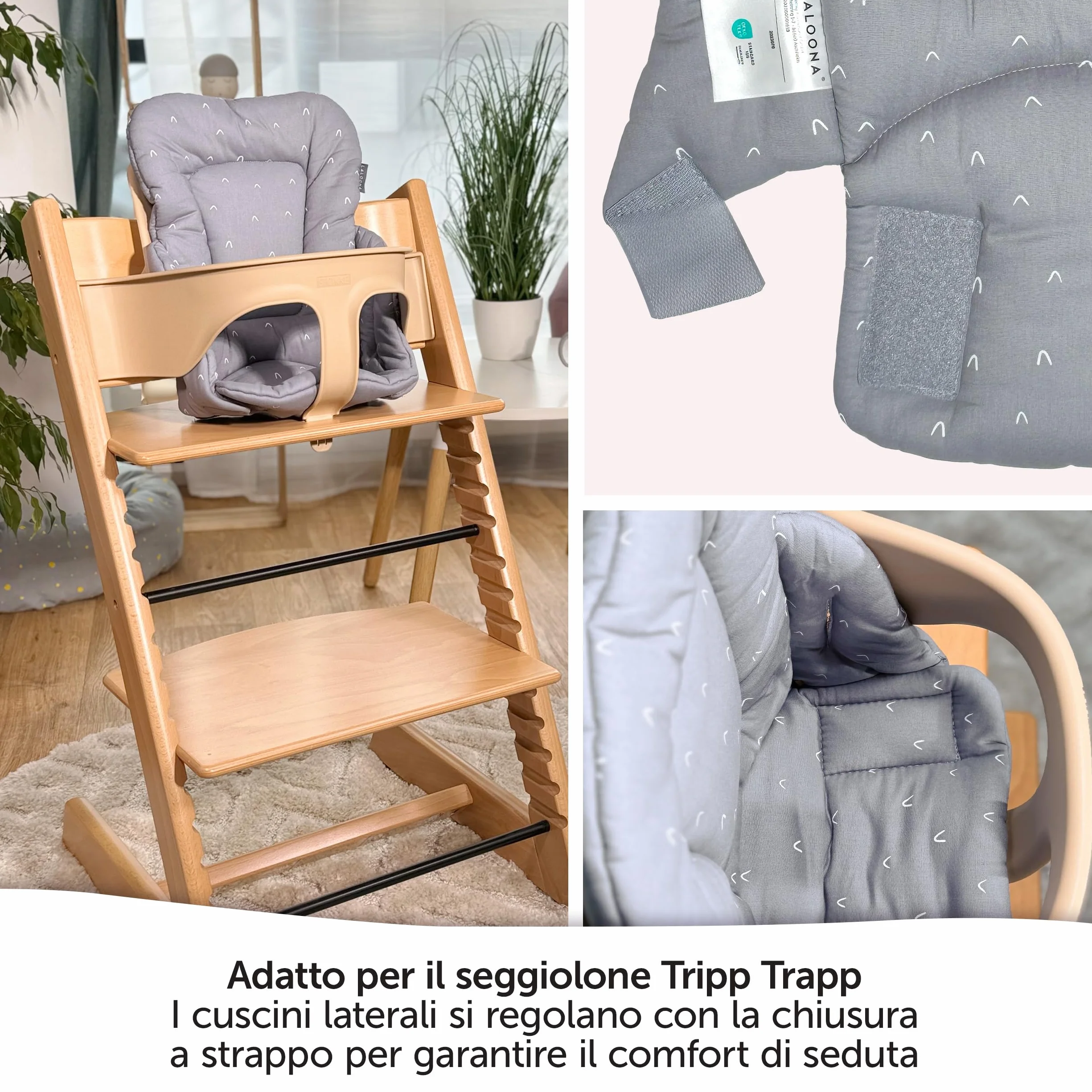 LaLoona Cuscino Riduttore Seggiolone per Stokke Tripp Trapp, Cotone, OEKO-TEX Standard 100, Lavabile in Lavatrice, Grigio