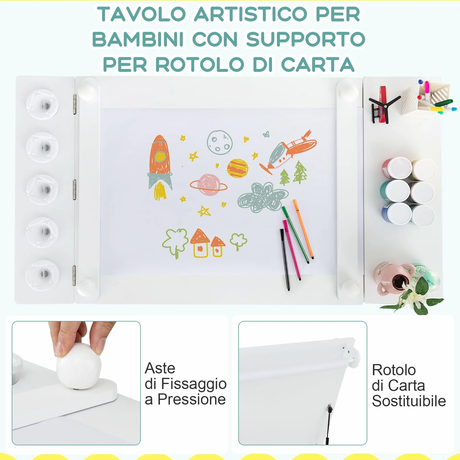 RELAX4LIFE Tavolo D'arte per Bambini con 2 Sedie, Legno, Piano Sollevabile, 6 Cassetti, 4 Tazze Pittura