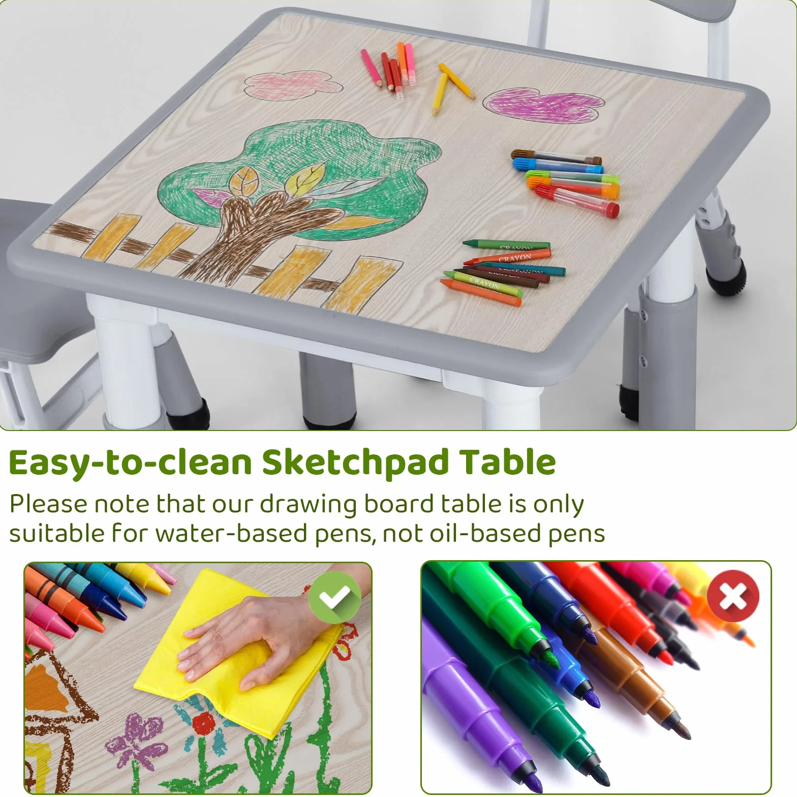 MAMIZO Tavolo Bambini con 2 Sedie Regolabile in Altezza Plastica Grigio Quadrato 60x60 cm
