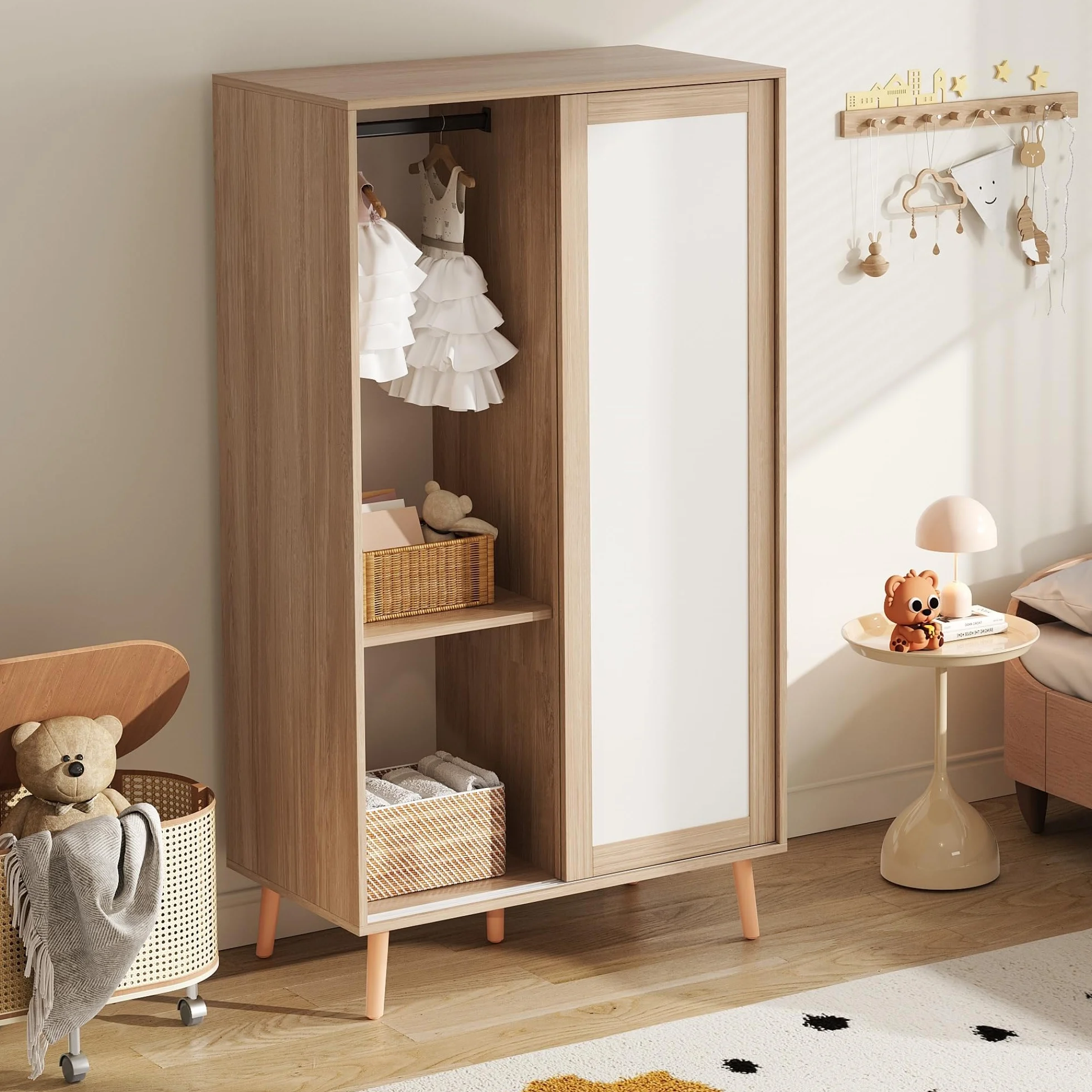 Soweiz Appendiabiti per bambini con porta scorrevole, bianco + legno naturale, 141,5 cm