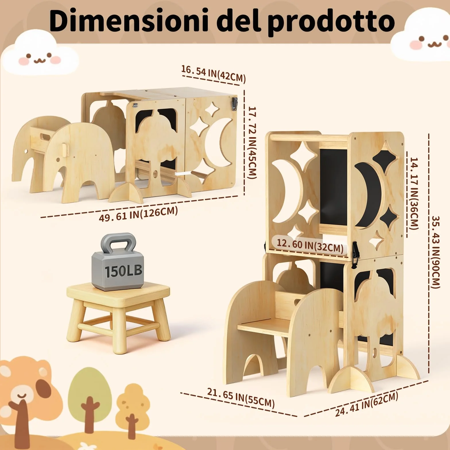 COSYLAND Torre Montessoriana Bambini 4 in 1 - Torretta Montessoriana con Scrivania e Sedia in Legno Naturale