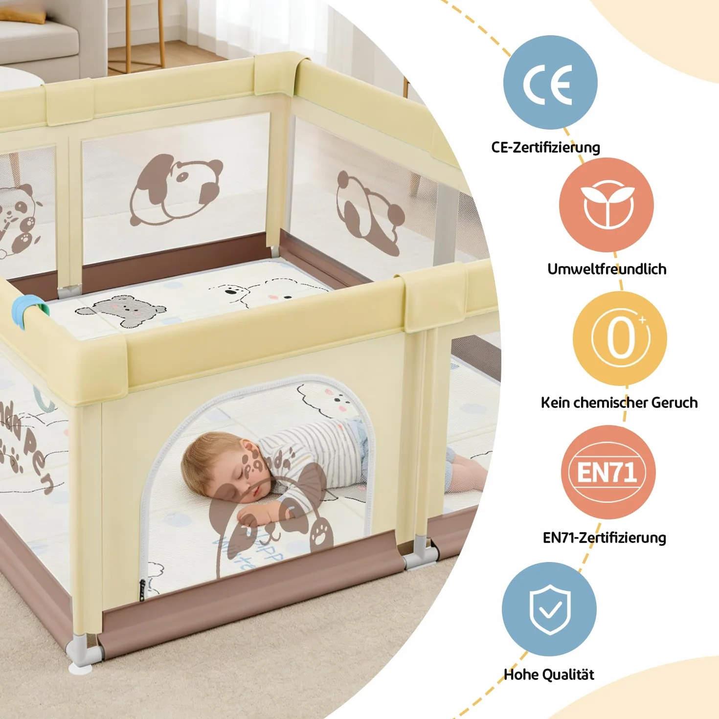Box Bambini 120x120 con Tappeto, Panda Beige, Tessuto Oxford, Sicurezza Antiscivolo