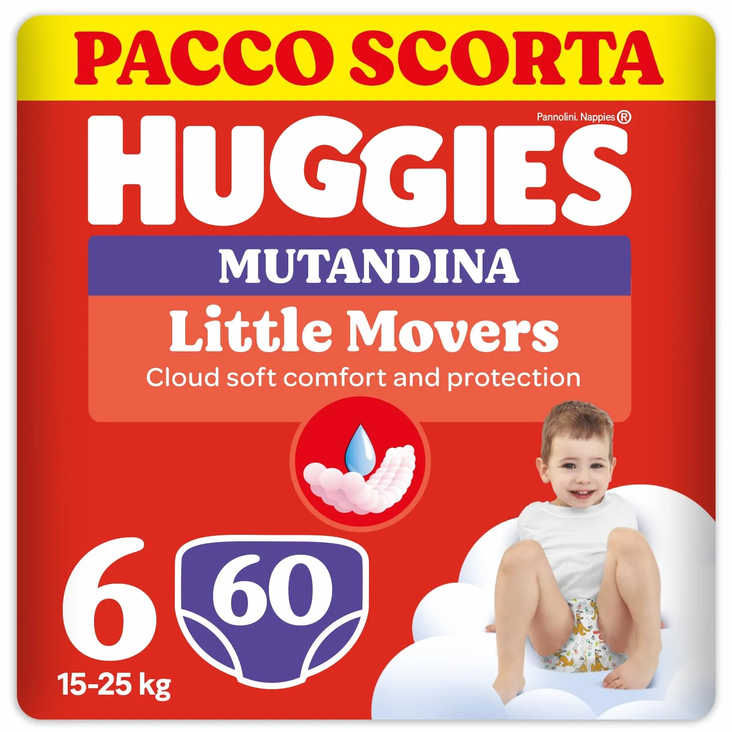 Huggies Little Movers Pannolini Mutandina Taglia 6 (15-25 Kg) Ultra Assorbente, 60 Pz