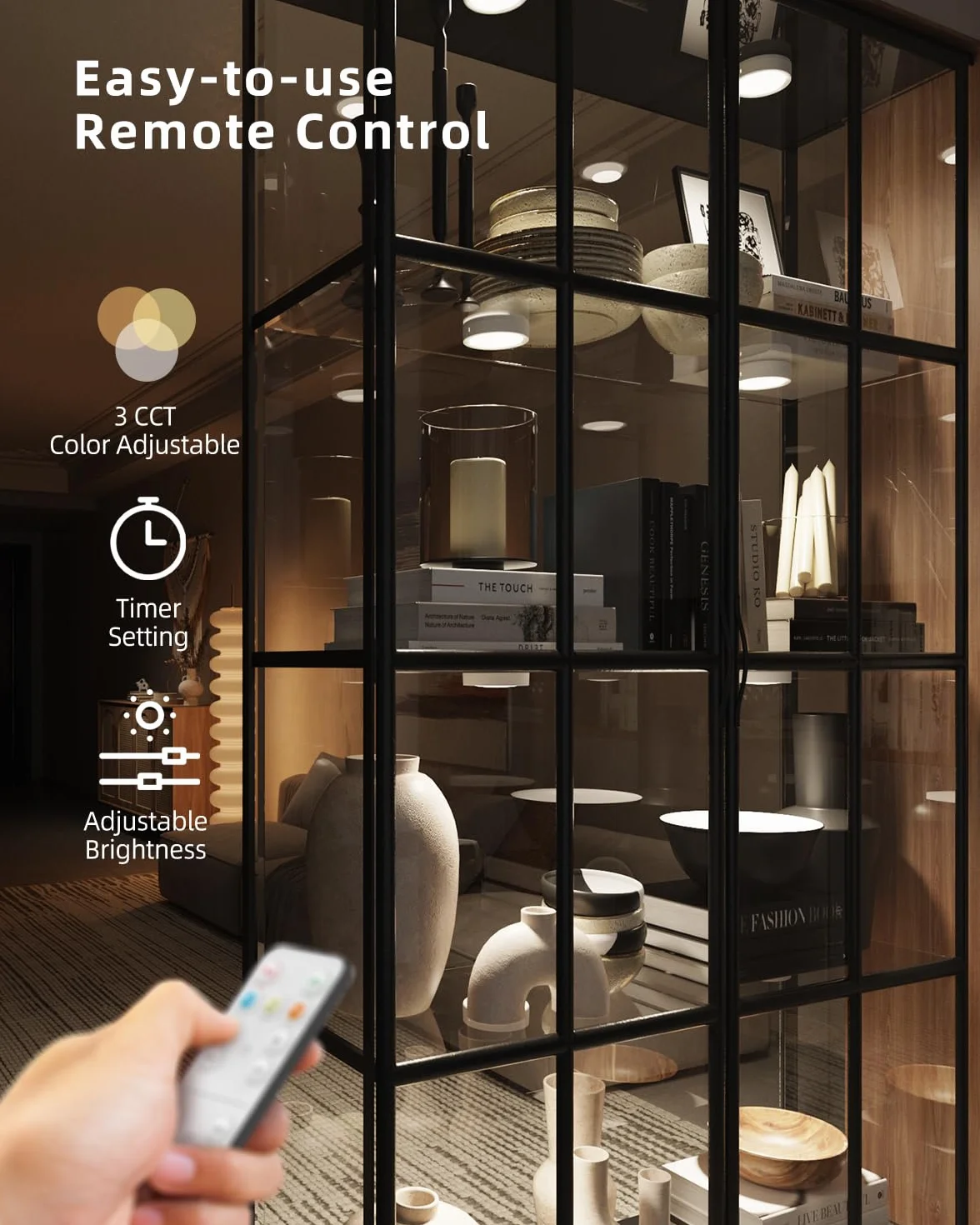 Luce LED Armadio Ricaricabile USB con Telecomando, 2400mAh Luce Vetrina Senza Fili Faretti LED Adesivi Lampada Sottopensile Cucina Batteria Luci Notturna per Interno Scale Guardaroba Sotto Mensola