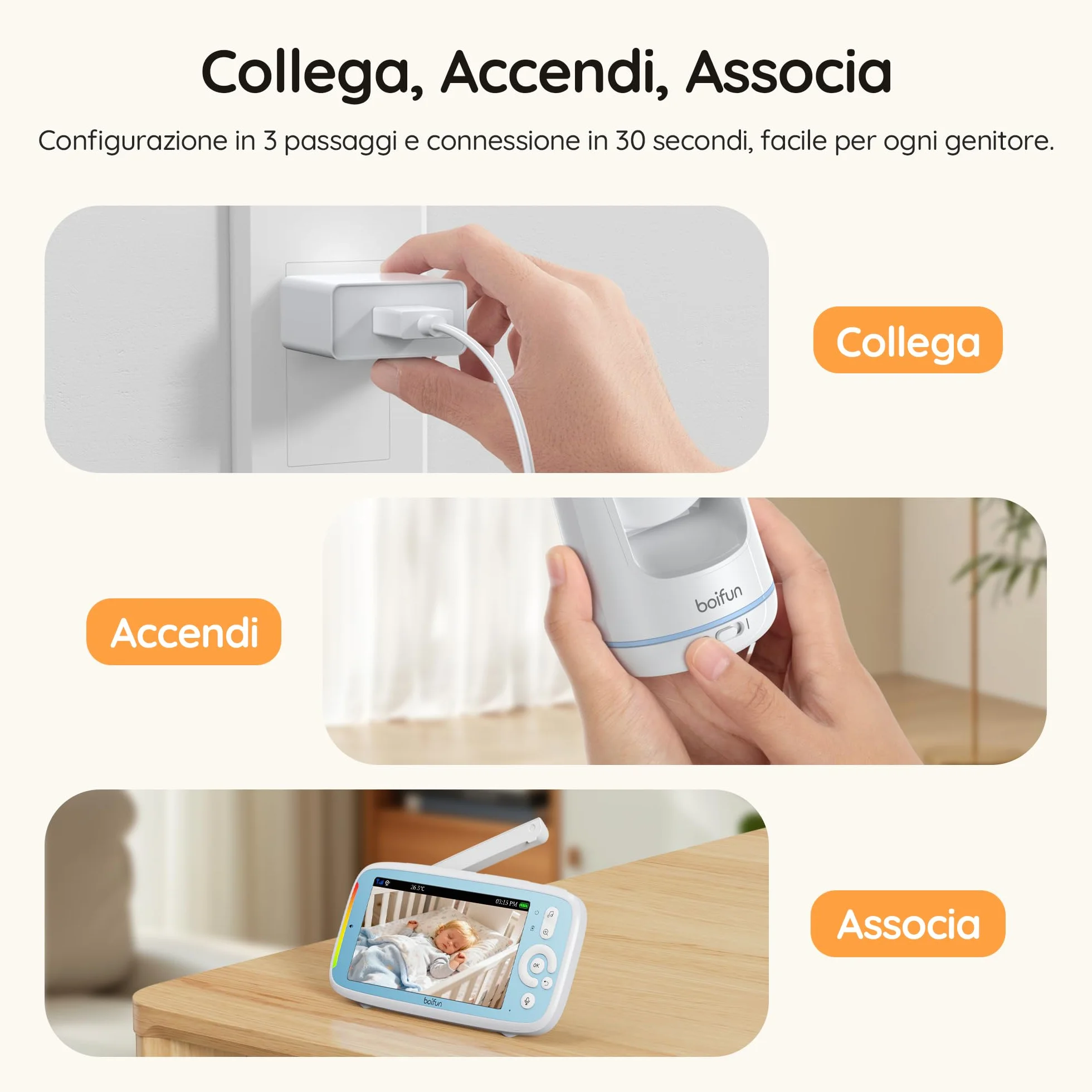 Boifun Baby Monitor 360° HD, Schermo IPS 5", Audio Bidirezionale, Rilevamento Temperatura, Batteria 3050mAh, Zoom 3X, Visione Notturna, Modalità VOX, Ninne Nanne