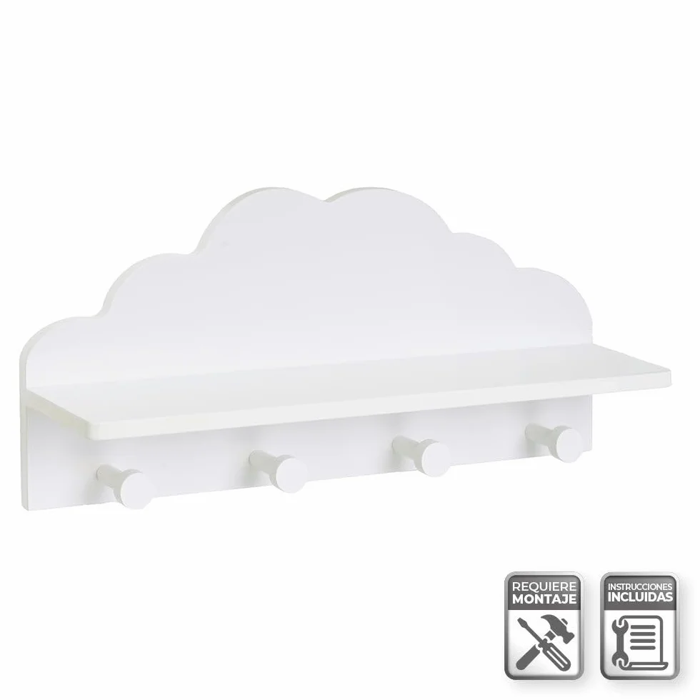 LOLAhome Appendiabiti da parete per bambini design nuvola bianco 48 cm 4 ganci