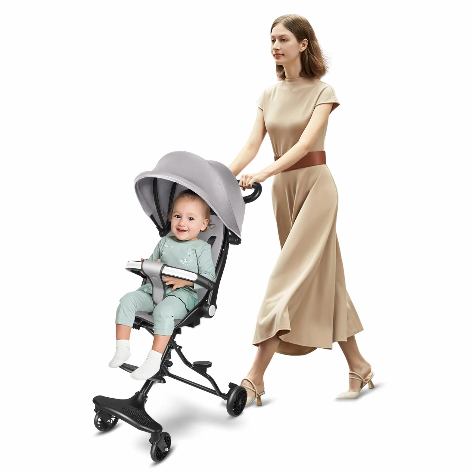 OHMG Passeggino compatto pieghevole 25 kg con sistema trolley cappottina estensibile 0-4 anni 5 kg