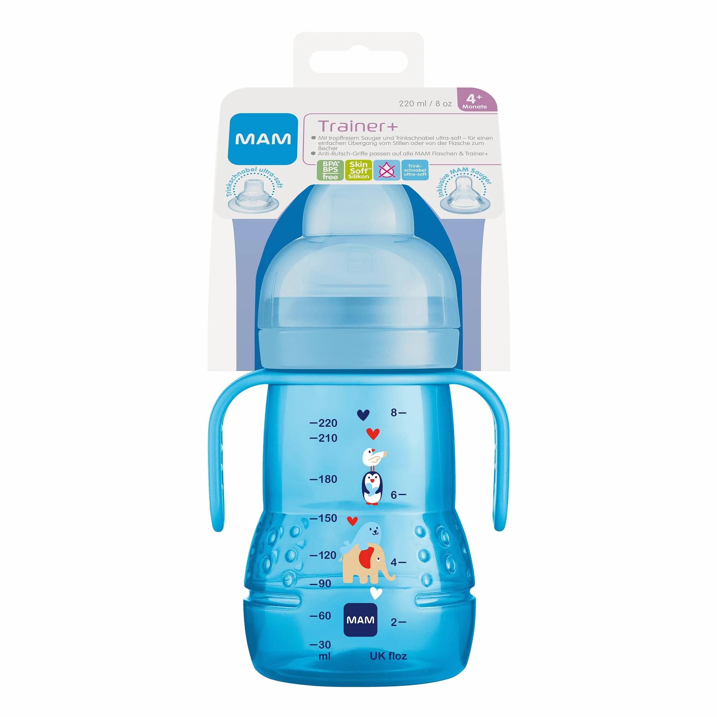 MAM Trainer+ 220 ml borraccia passaggio tazza con tettarella becco maniglia 4 mesi elefante