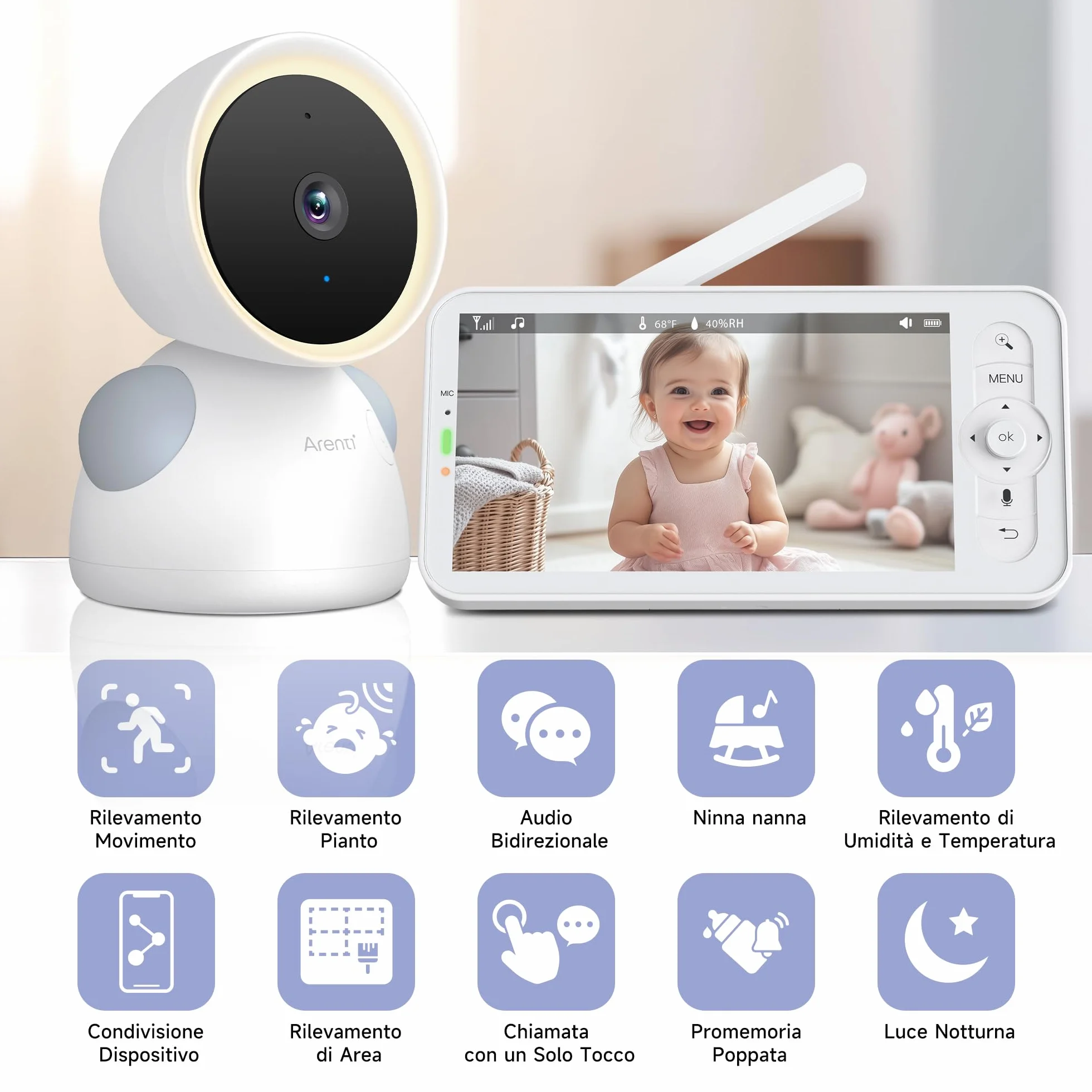 ARENTI Baby Monitor Video e Audio 2K, Telecamera Bambini con Monitor 5'', Rilevamento di Temperatura/Umidità e Suoni/Movimenti, Visione Notturna, Audio Bidirezionale