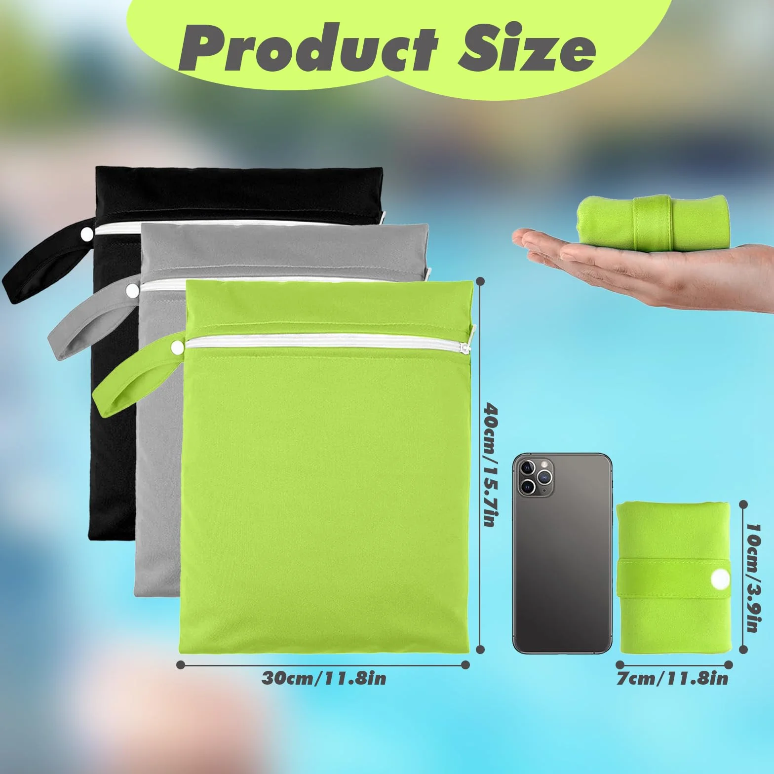 Wetbag Impermeabile 40x30 cm 3 Pezzi con Cerniera Riutilizzabile Nero Grigio Verde