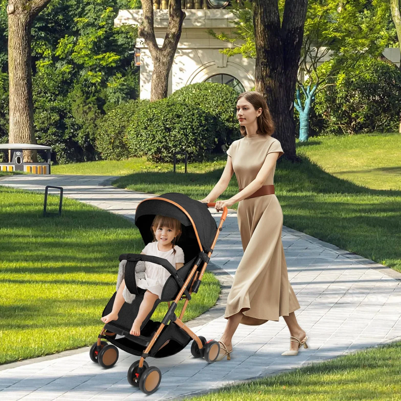 Homewell Passeggino Pieghevole per Bambini 0-6 Anni, Sdraiati Piatti, Pieghevole Una Mano, Cintura Sicurezza, Tettuccio Parasole (Nero)
