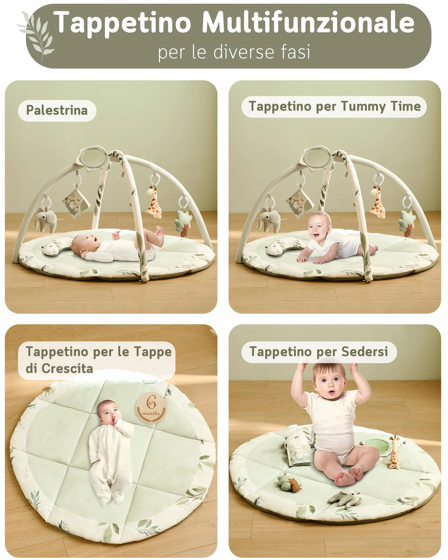 Fortella Palestrina Neonato Evolutiva Tappetino Gioco Attività 5 Giocattoli Sensoriali Specchio Cuscino 0-12 Mesi Verde