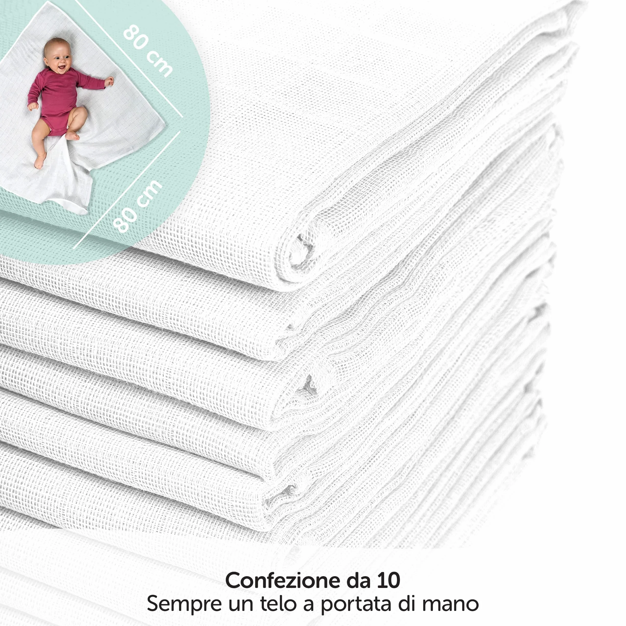 Teli in Mussola Neonato 80x80 Oeko-Tex Standard 100 10 Pezzi Bianco
