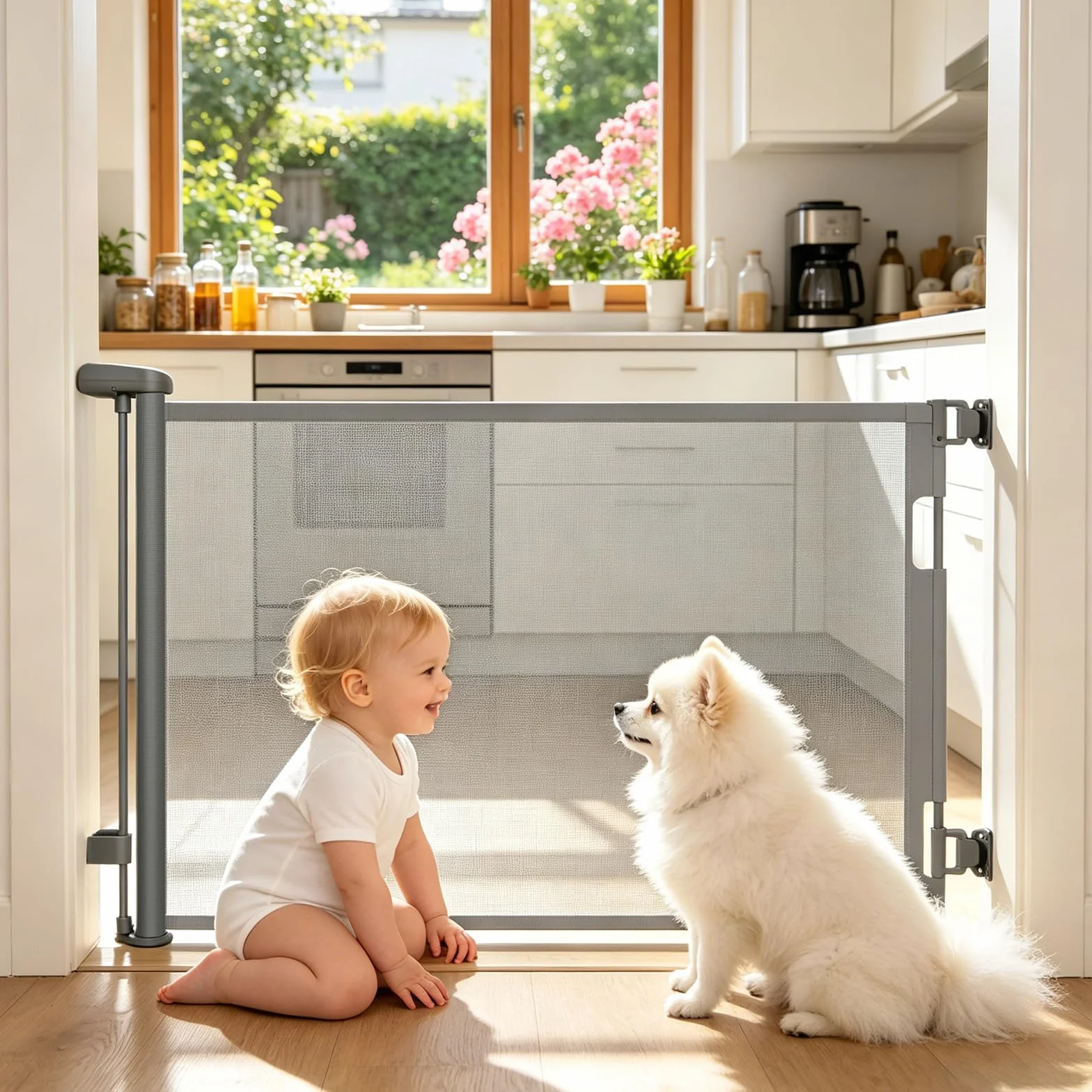 Cancelletto di Sicurezza Retrattile per Bambini 0-150 cm per Cani Scale Corridoi Interni Esterni Grigio