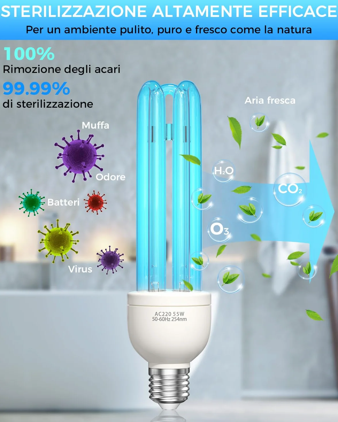 Lampada UV Ozono 55W Lampada Germicida Raggi UVC E27 254nm con Tubo al Quarzo Brine Ozono Contro Batteri Virus e Acari AC220-240V per Case, Lavatoi, Uffici, Ristoranti e Scuola Aria fresca