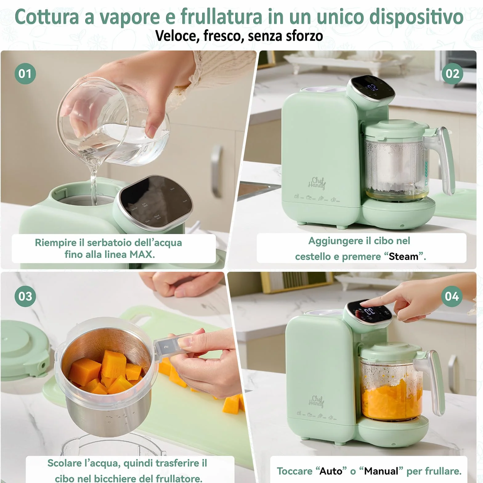 Chefhandy Cuocipappa Multifunzione 5-in-1, Omogeneizzatore e Cuoci Pappa per Neonati
